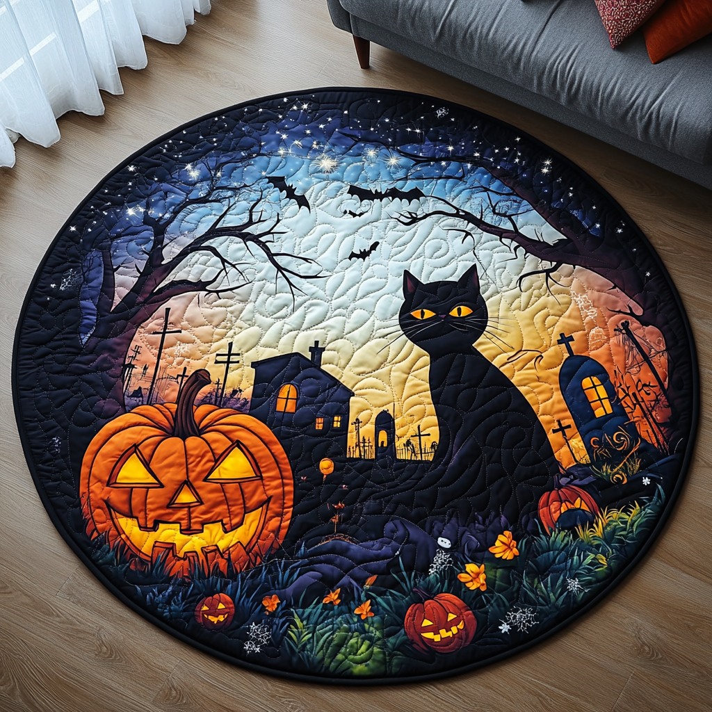 Black Cat Halloween Quilted Round Mat Round Carpet Rugs For Sale Gift Ideas For Cat Lovers