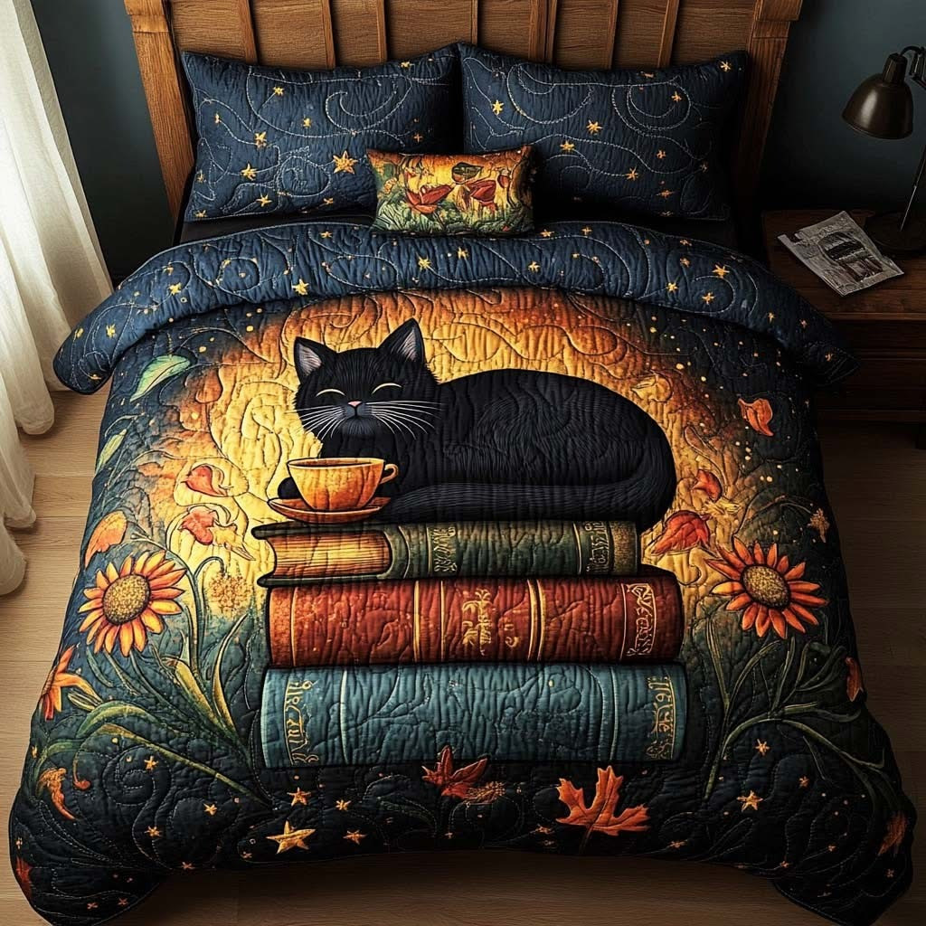 Black Cat On Books Quilted Bedding Set Bedroom Decorations Gifts For Cat Lovers