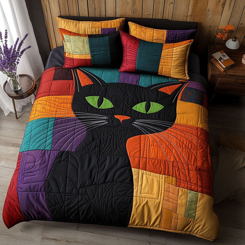Black Cat Patchwork Quilted Bedding Set Unique Duvet Cover Gift Ideas For Cat Lovers
