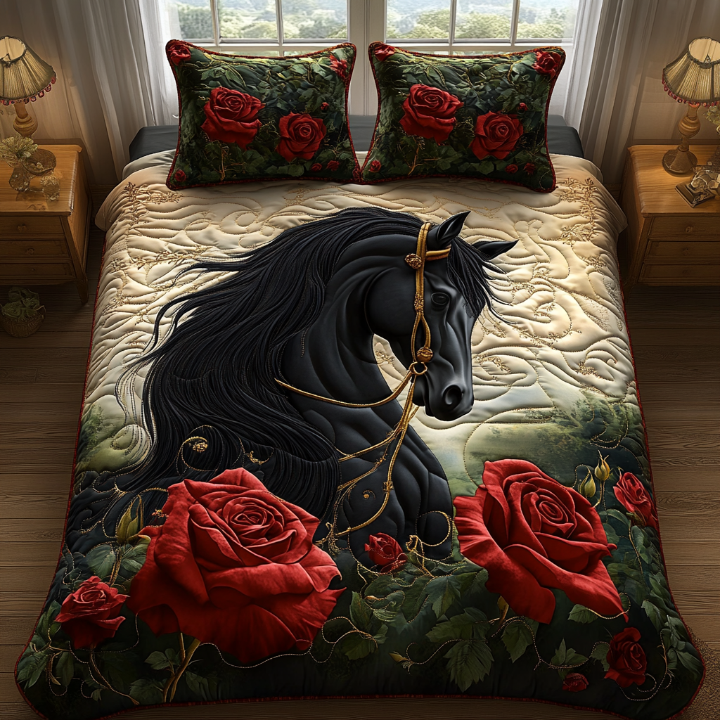 Black Horse Charm Quilted Bedding Set Best Sheets Ever Best Gifts For Horse Lovers