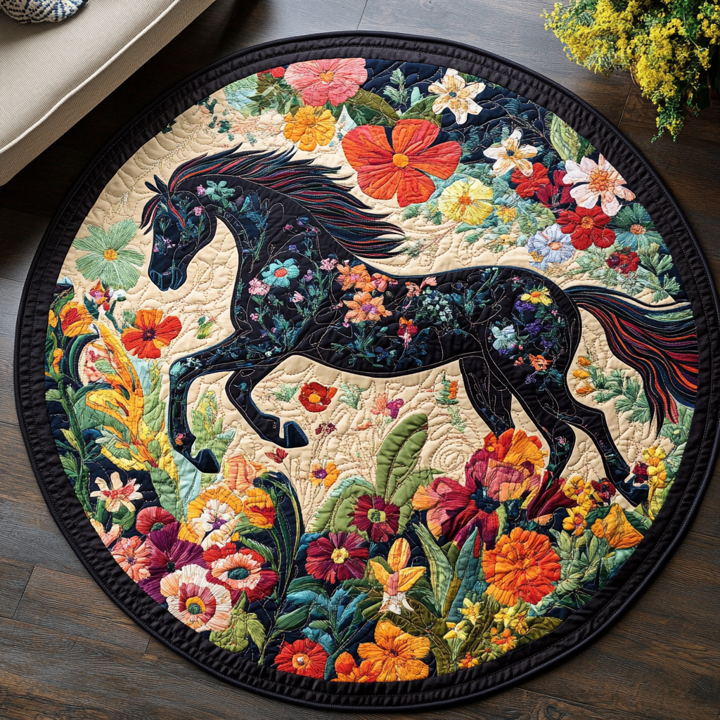 Black Horse Running Quilted Round Mat Family Room Furniture Ideas Best Gifts For Horse Lovers
