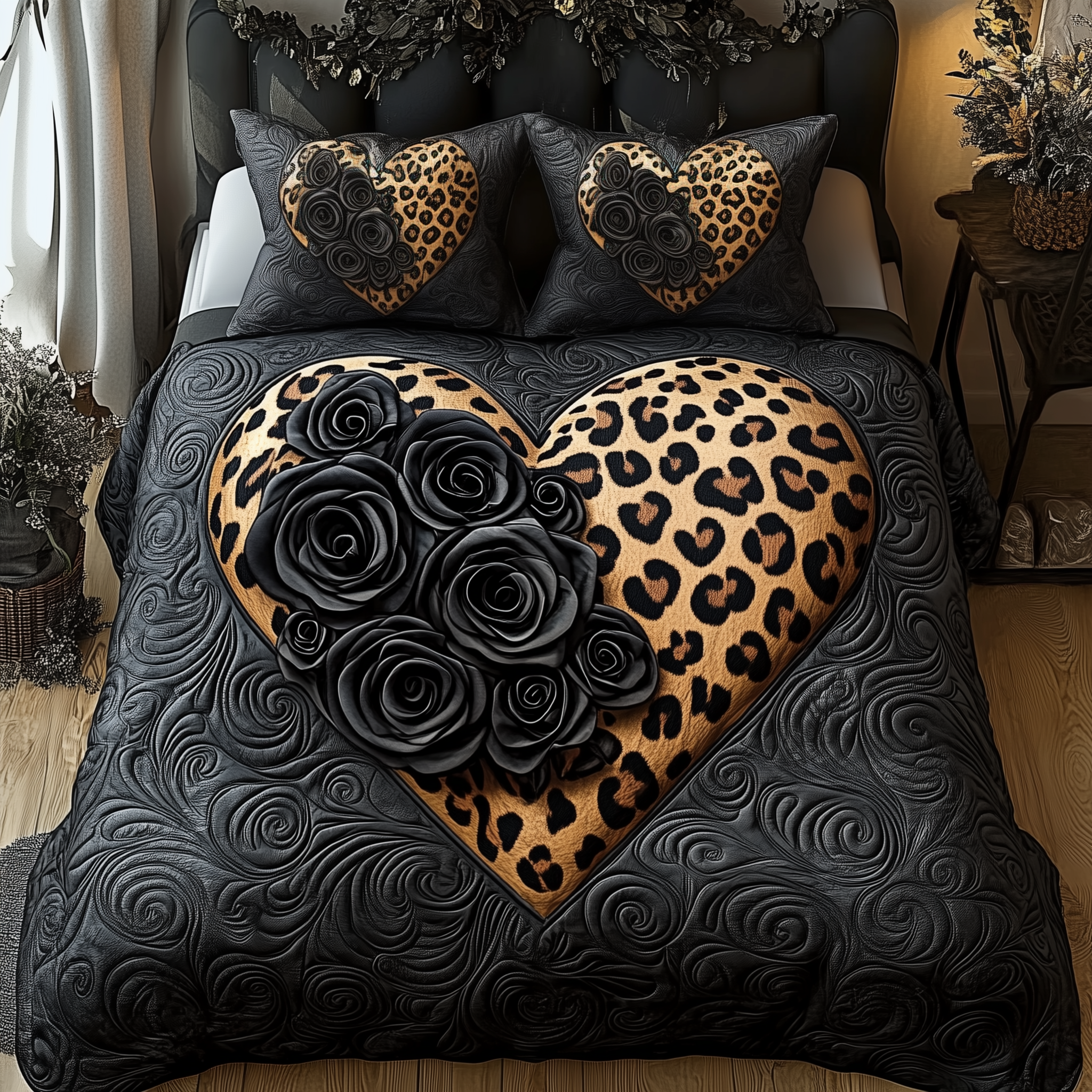 Black Leopard Rose Quilted Bedding Set Good Bed Sets Cool Gifts For Mom
