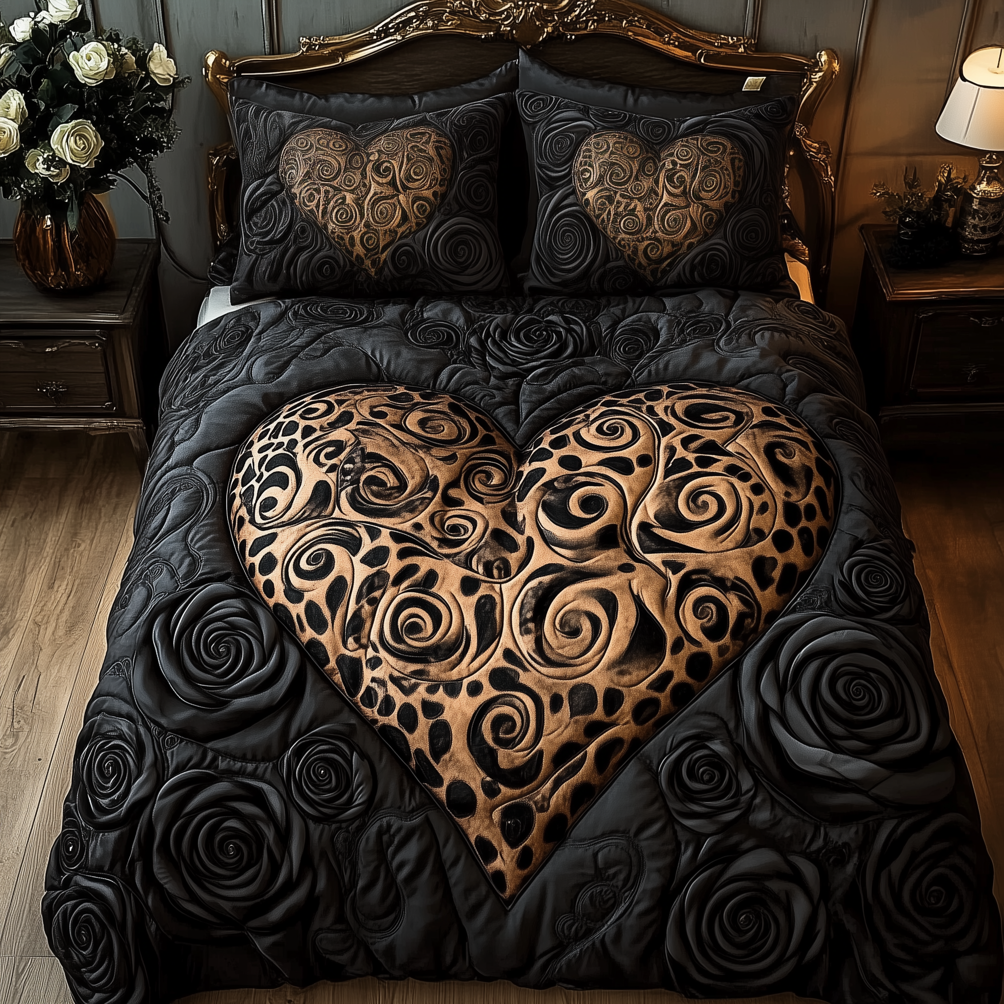 Black Leopard Rose Quilted Bedding Set Unique Bed Sheets Birthday Gifts For Mom From Daughter