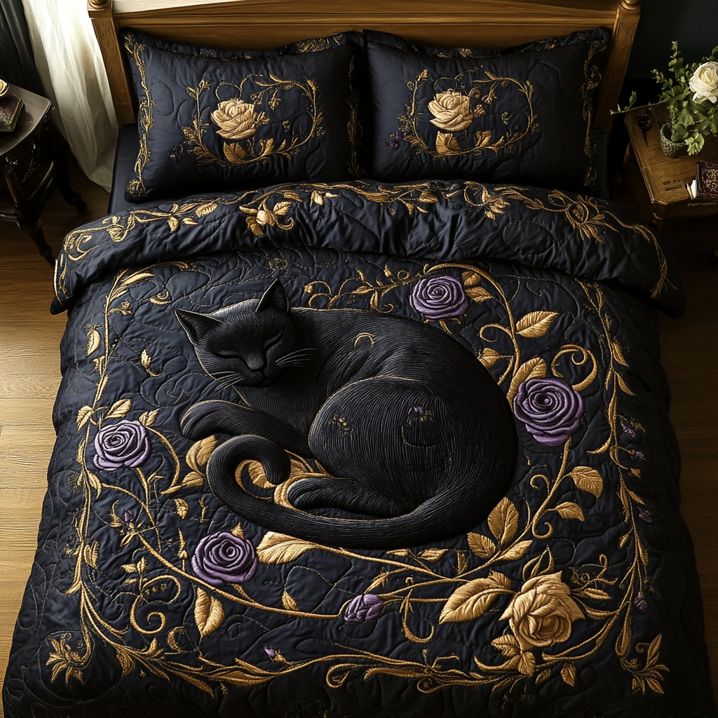 Black Rose Cat Quilted Bedding Set Bed Decor Novelty Cat Gifts
