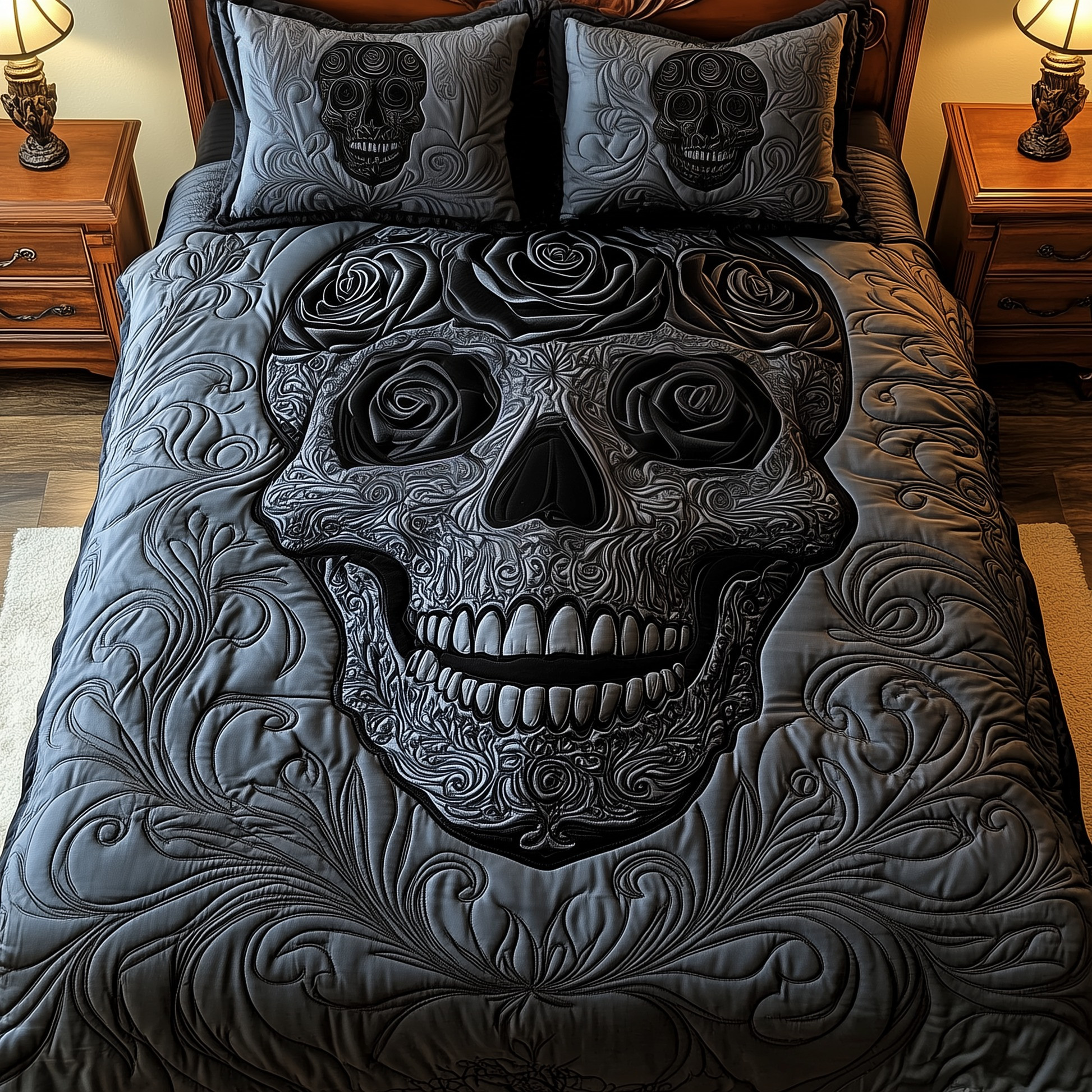 Black Rose Skull Quilted Bedding Set Gothic Bedroom Decor Best Gifts Ideas For Friends