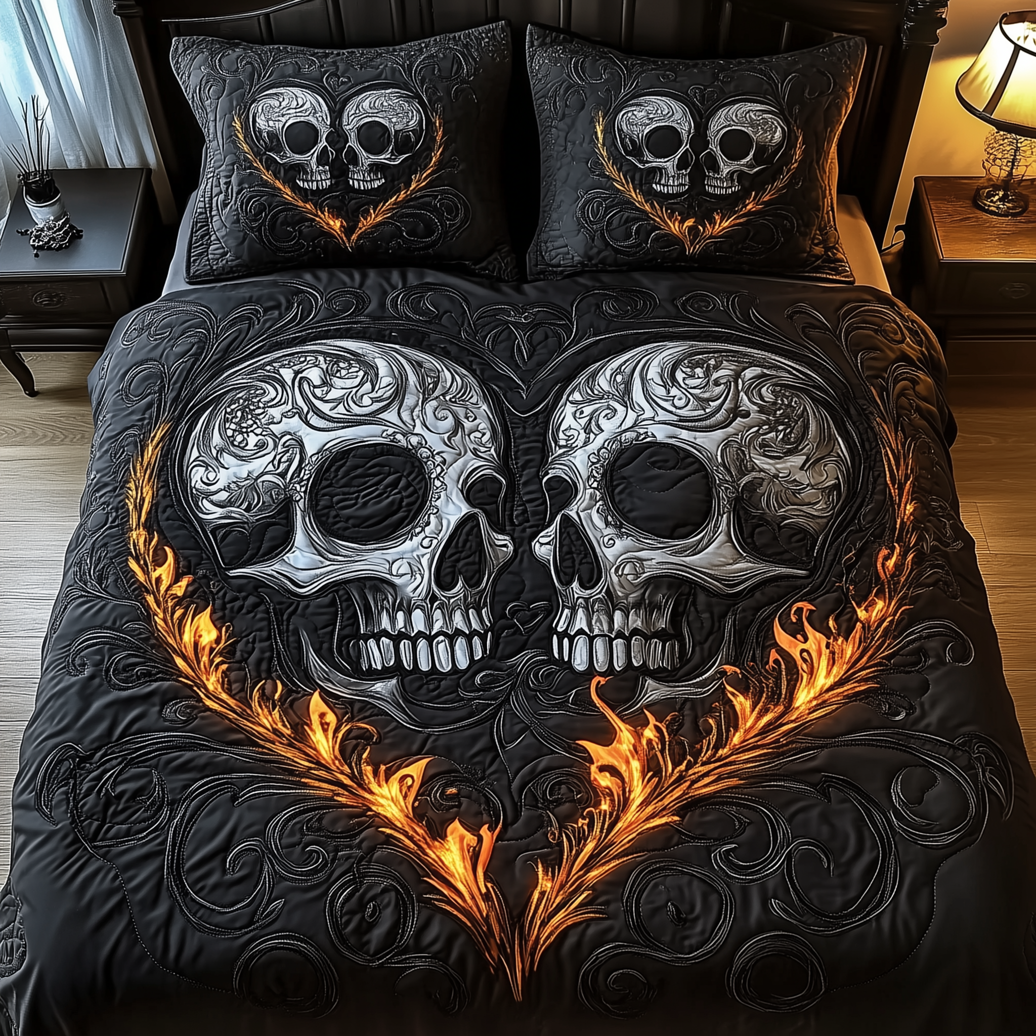 Black Skull Couple Quilted Bedding Set Best Bedsheets Unusual Skull Gifts