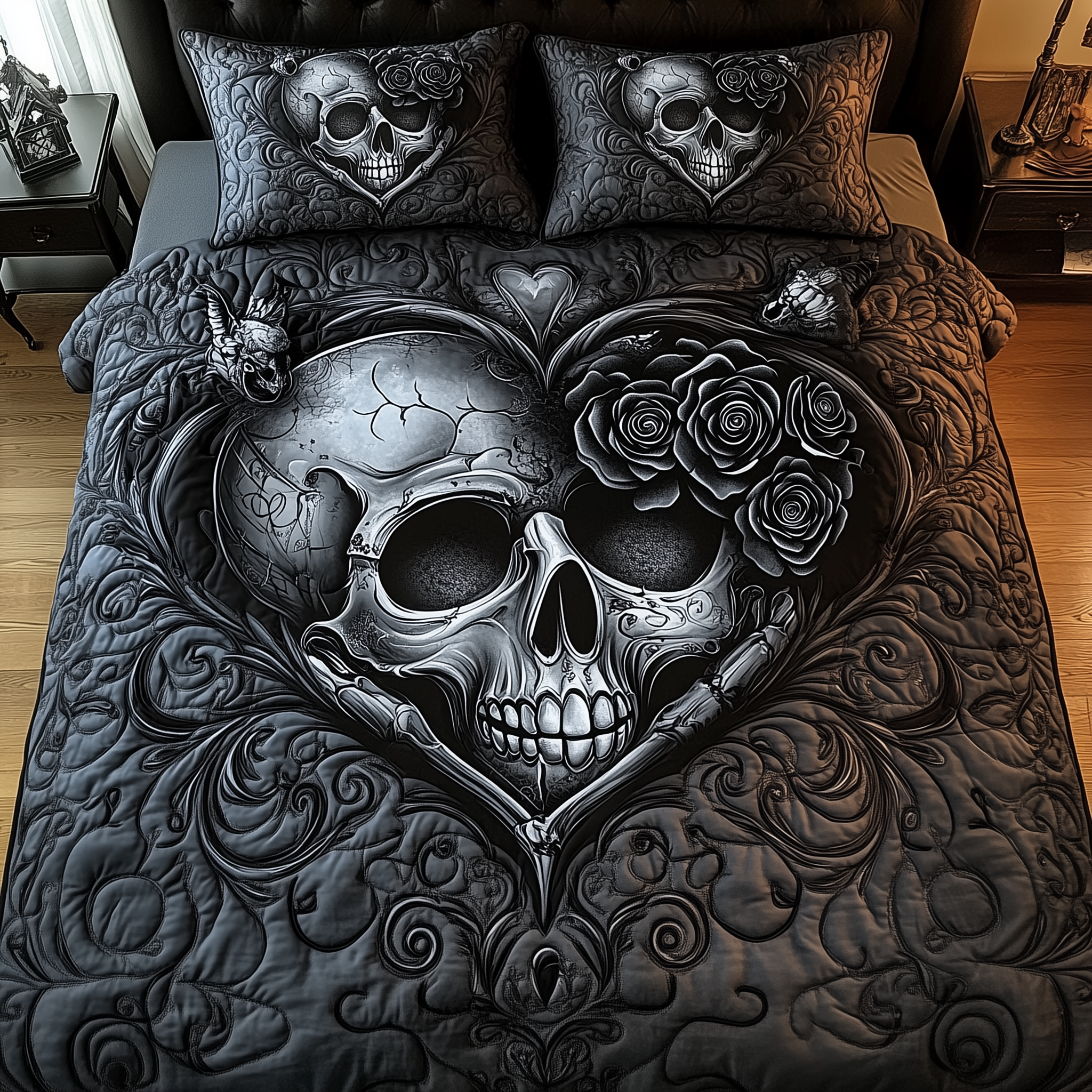 Black Skull Couple Quilted Bedding Set Best King Bed Sheets Skull Birthday Gifts