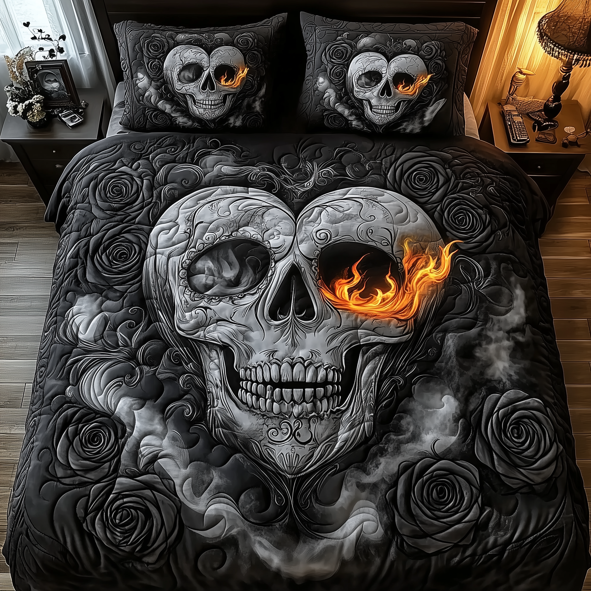 Black Skull Couple Quilted Bedding Set Best King Bedding Sets Cute Skull Gifts