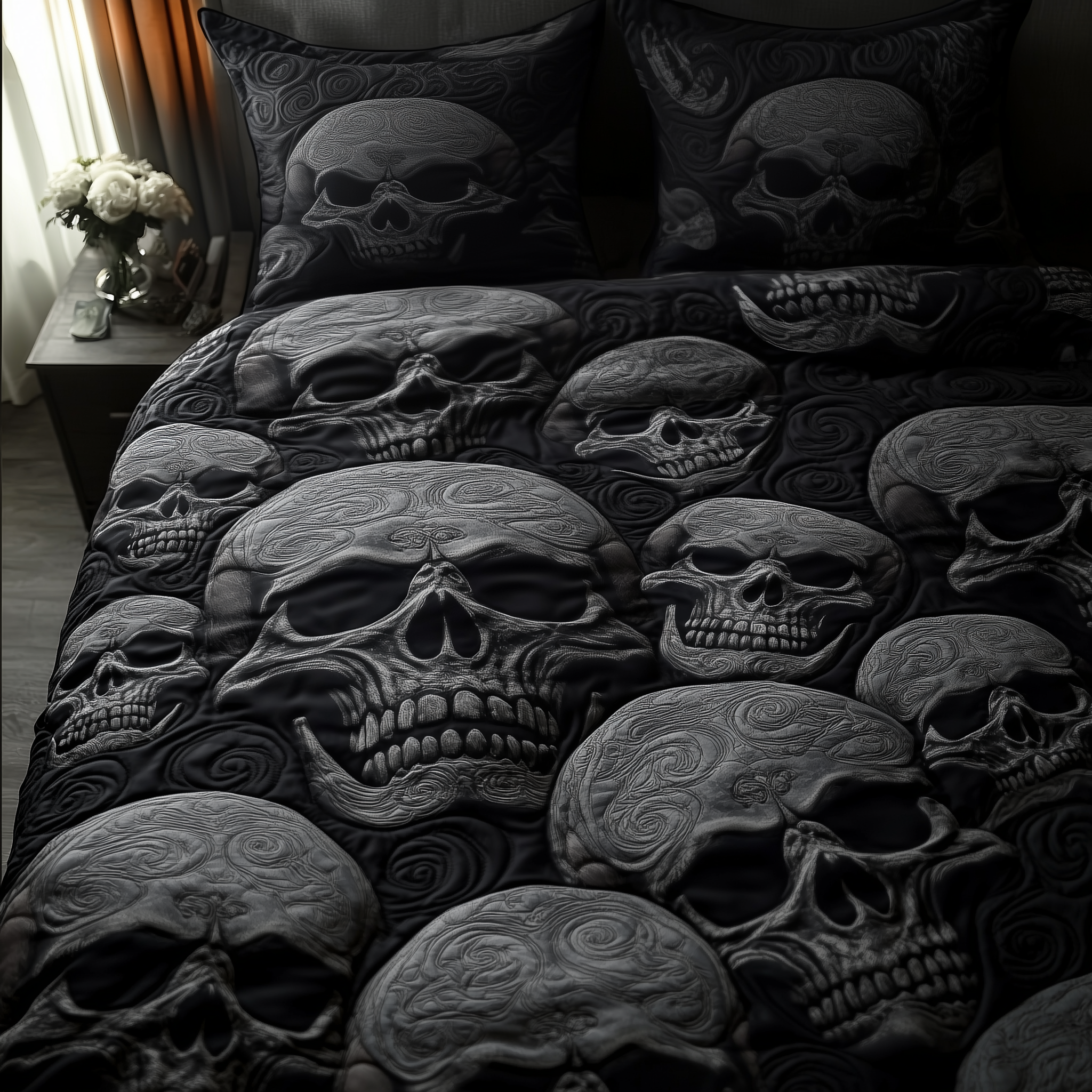Black Skull Quilted Bedding Set Bed Comforter Sets Skull Themed Gifts For Him