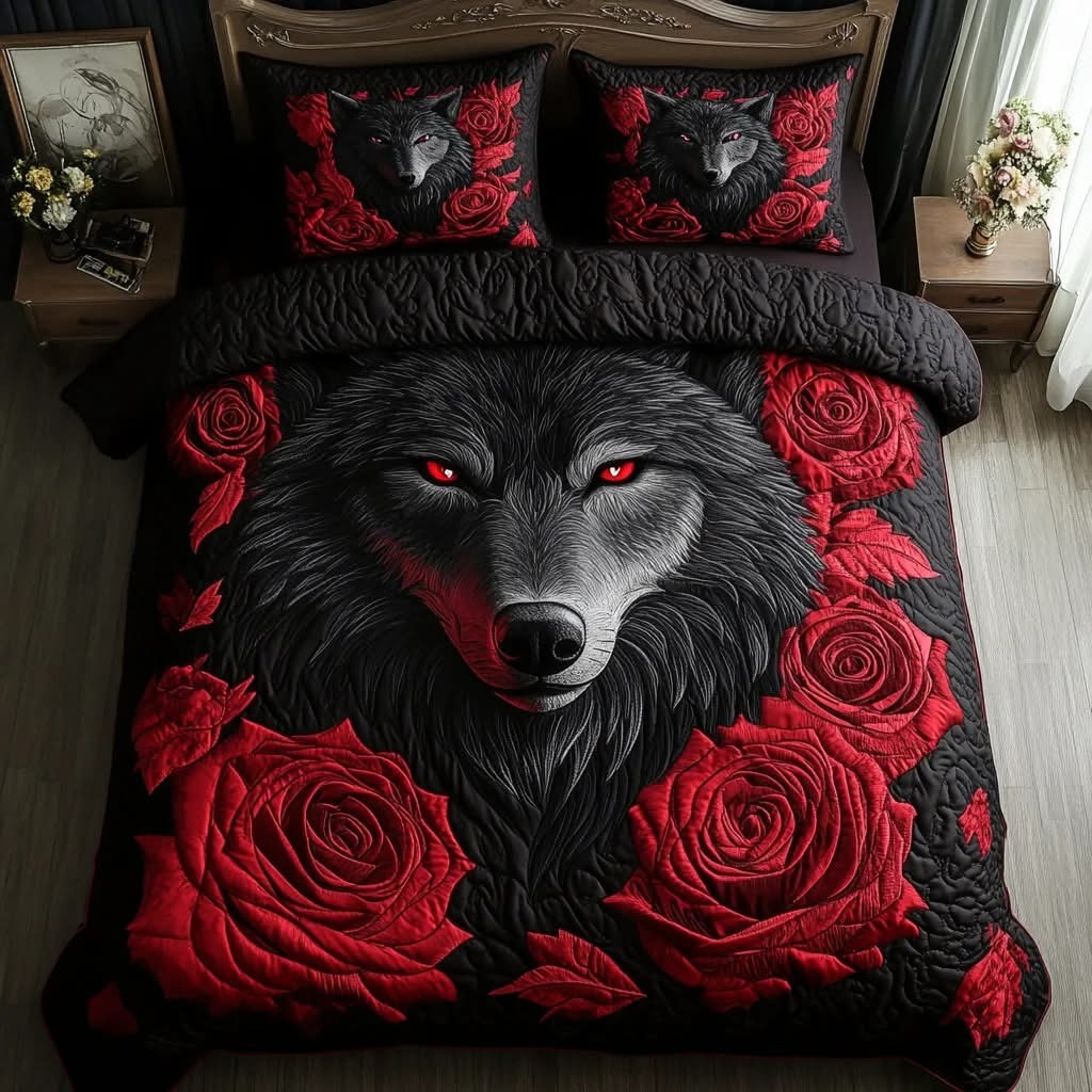Black Wolf Quilted Bedding Set Red Rose Floral Duvet Cover Christmas Gifts For Wolf Lovers