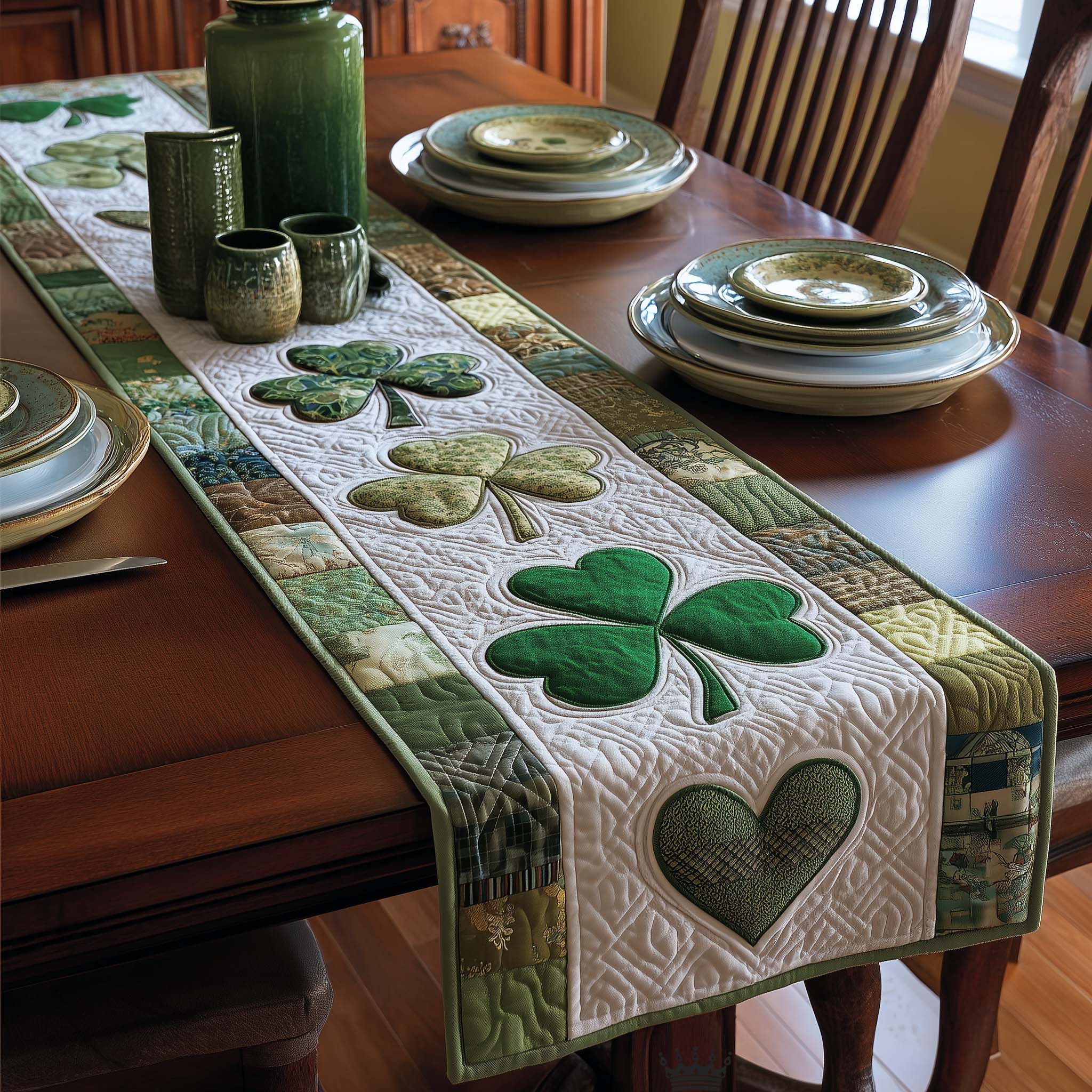 Blessed Greenery Quilted Table Runner Dining Table Decor Ideas Green Gifts For St Patrick's Day