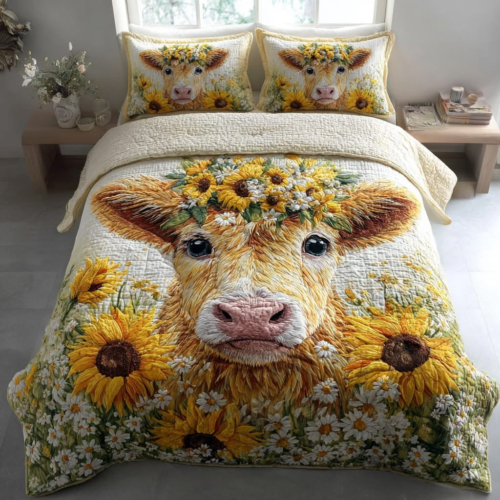 Bloom Highland Cow Sunflower Quilted Bedding Set Highland Cattle Merchandise Gifts For Her