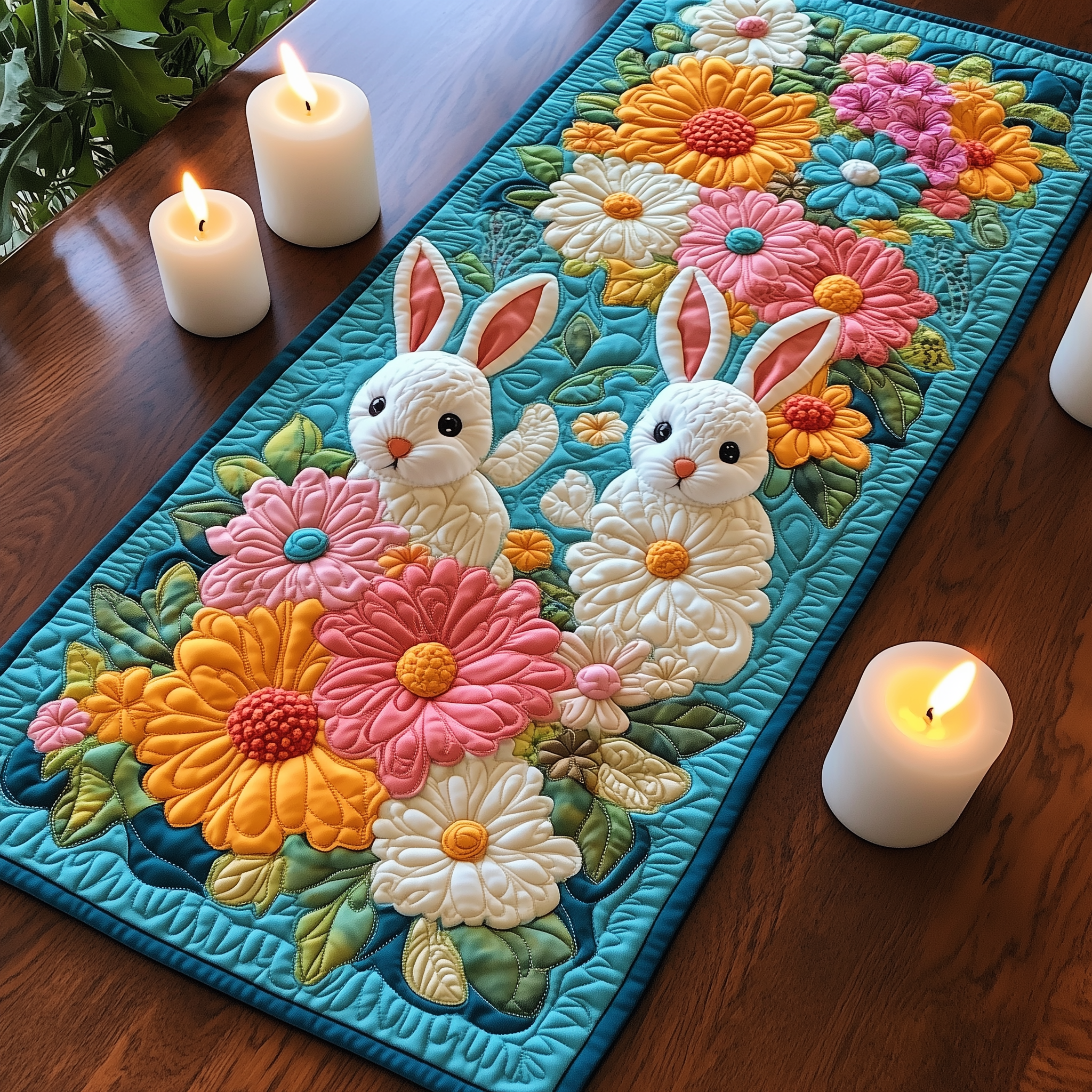 Blooming Bunny Haven Quilted Table Runner Kitchen Table Decor Ideas Gift For Rabbit