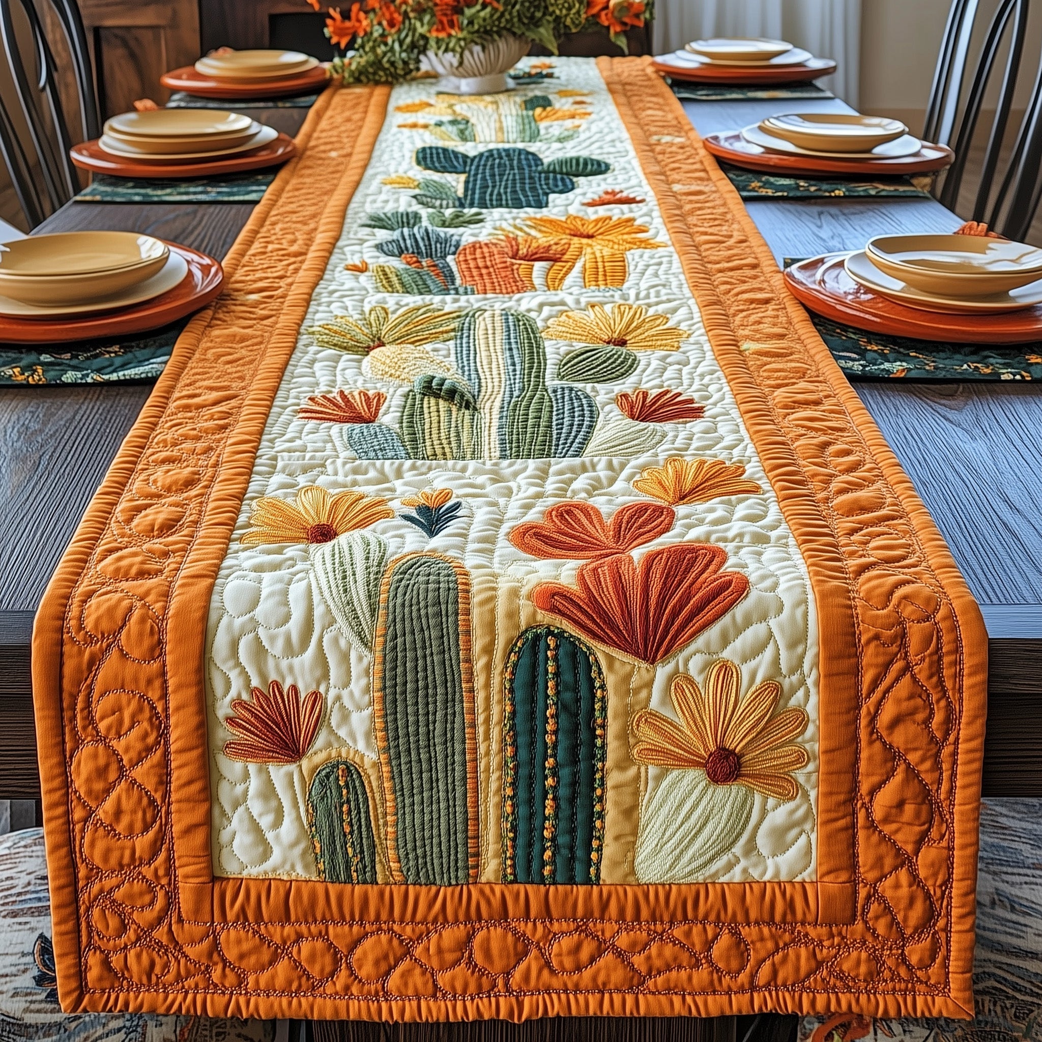 Blooming Cactus Haven Quilted Table Runner Dining Table Runner Cactus Themed Gifts