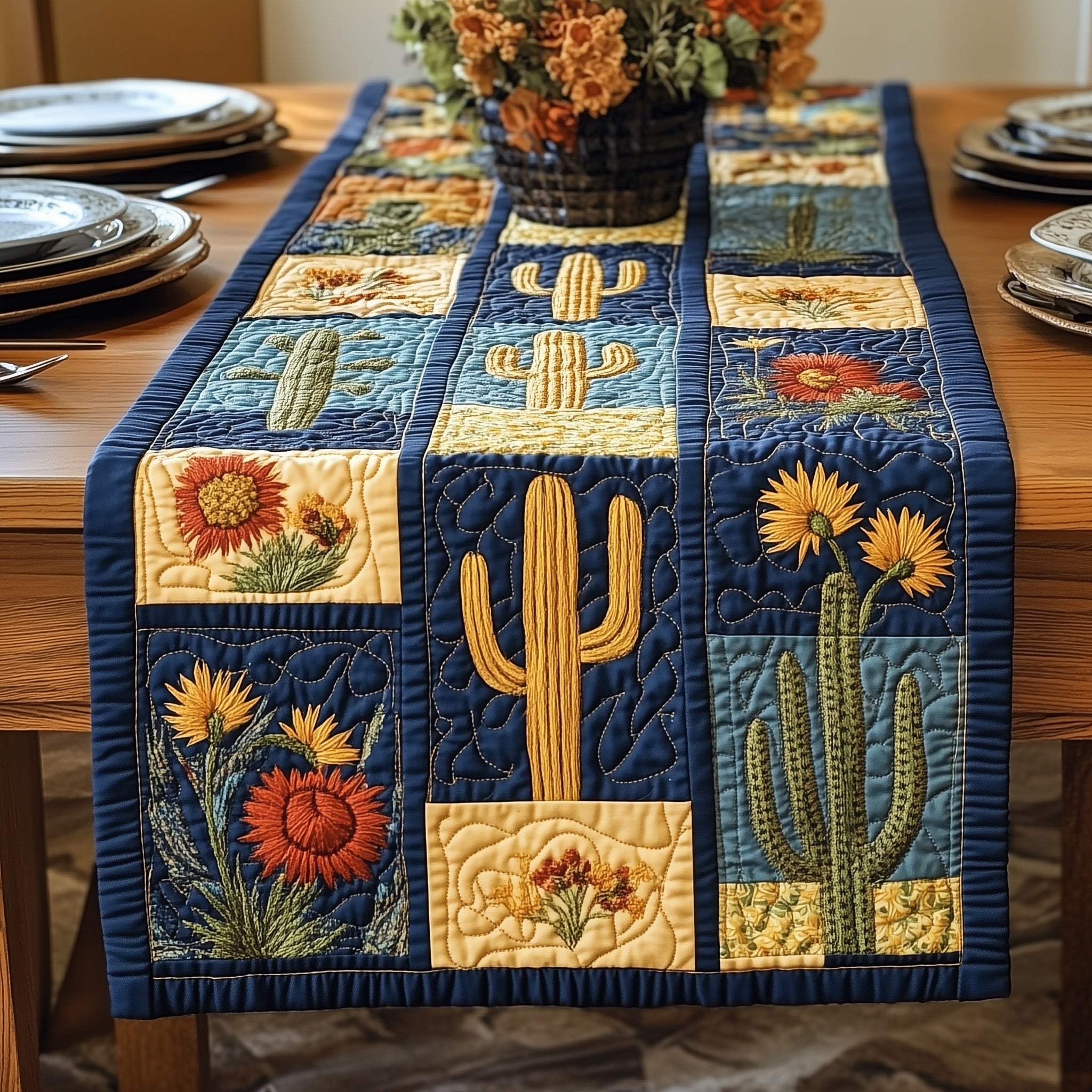 Blooming Cactus Haven Quilted Table Runner Kitchen Decor Christmas Cactus Gift