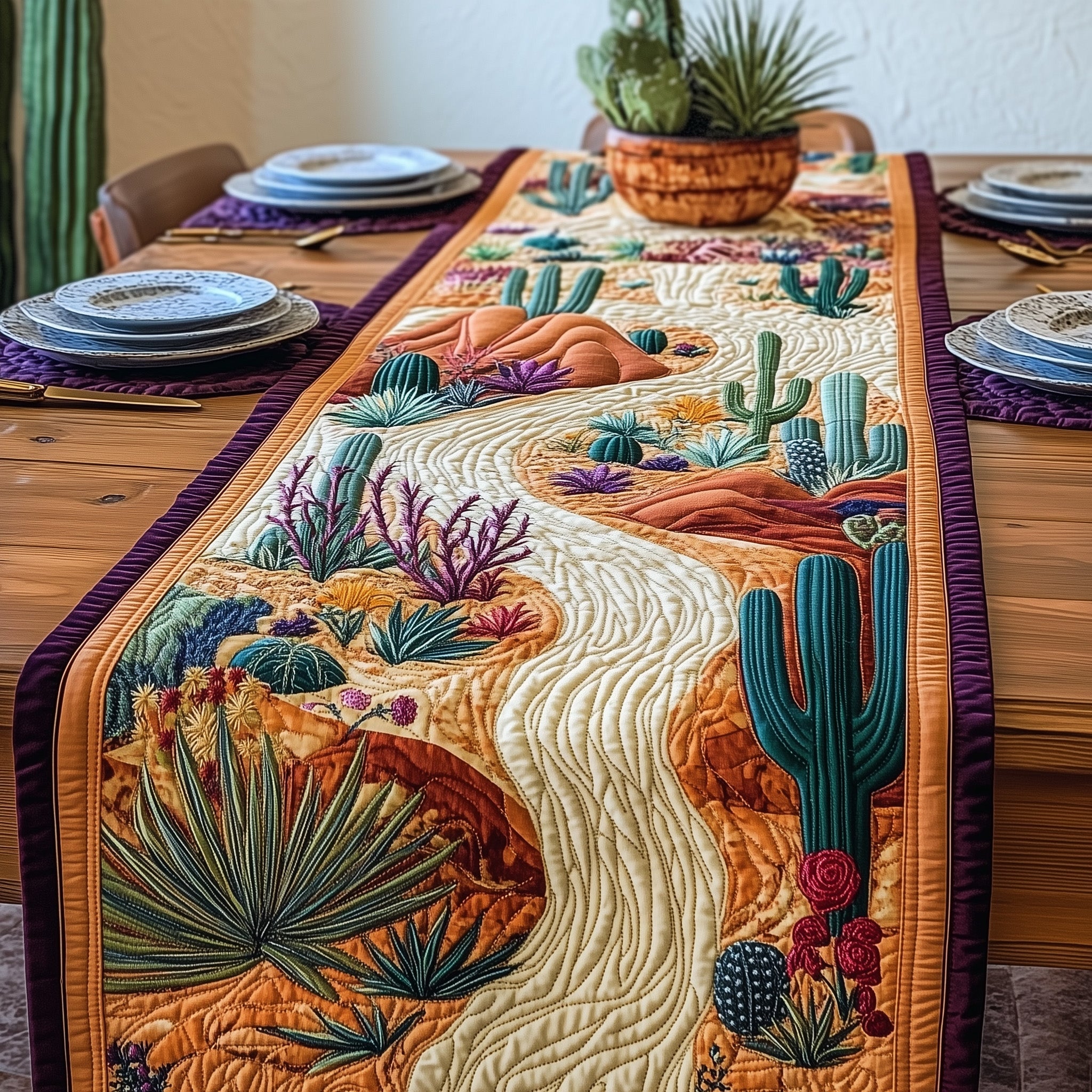 Blooming Cactus Quilted Table Runner Boho Macrame Table Runner Cactus Related Gifts