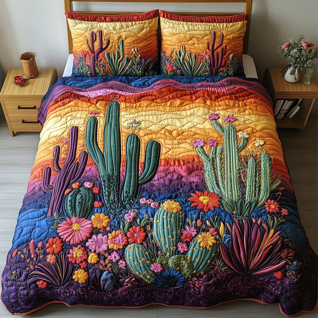 Blooming Desert Quilted Bedding Set Bedspread Set Best Cactus Gifts