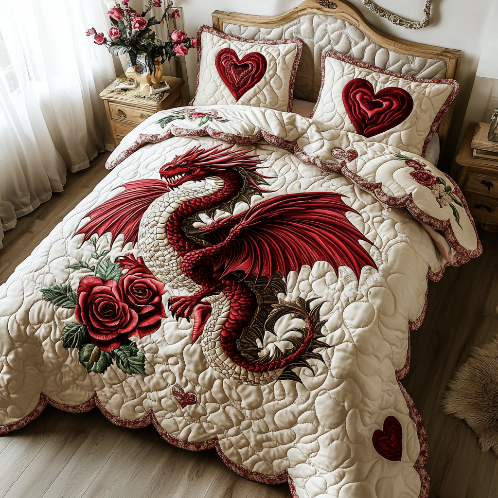 Blooming Dragon Quilted Bedding Set Aesthetic Room Decor Cool Gifts For Dragon Lovers