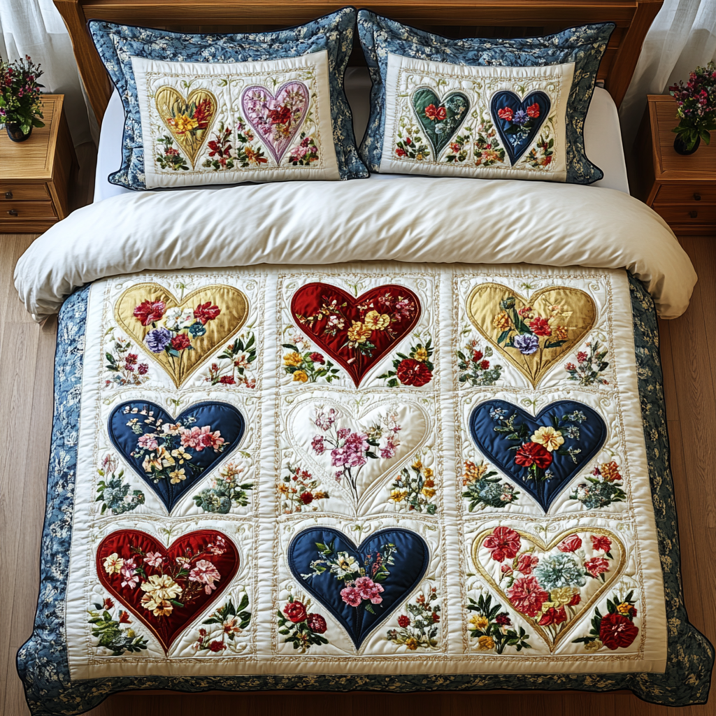 Blooming Hearts Quilted Bedding Set Best Bedspread Set Valentines Gifts For Him