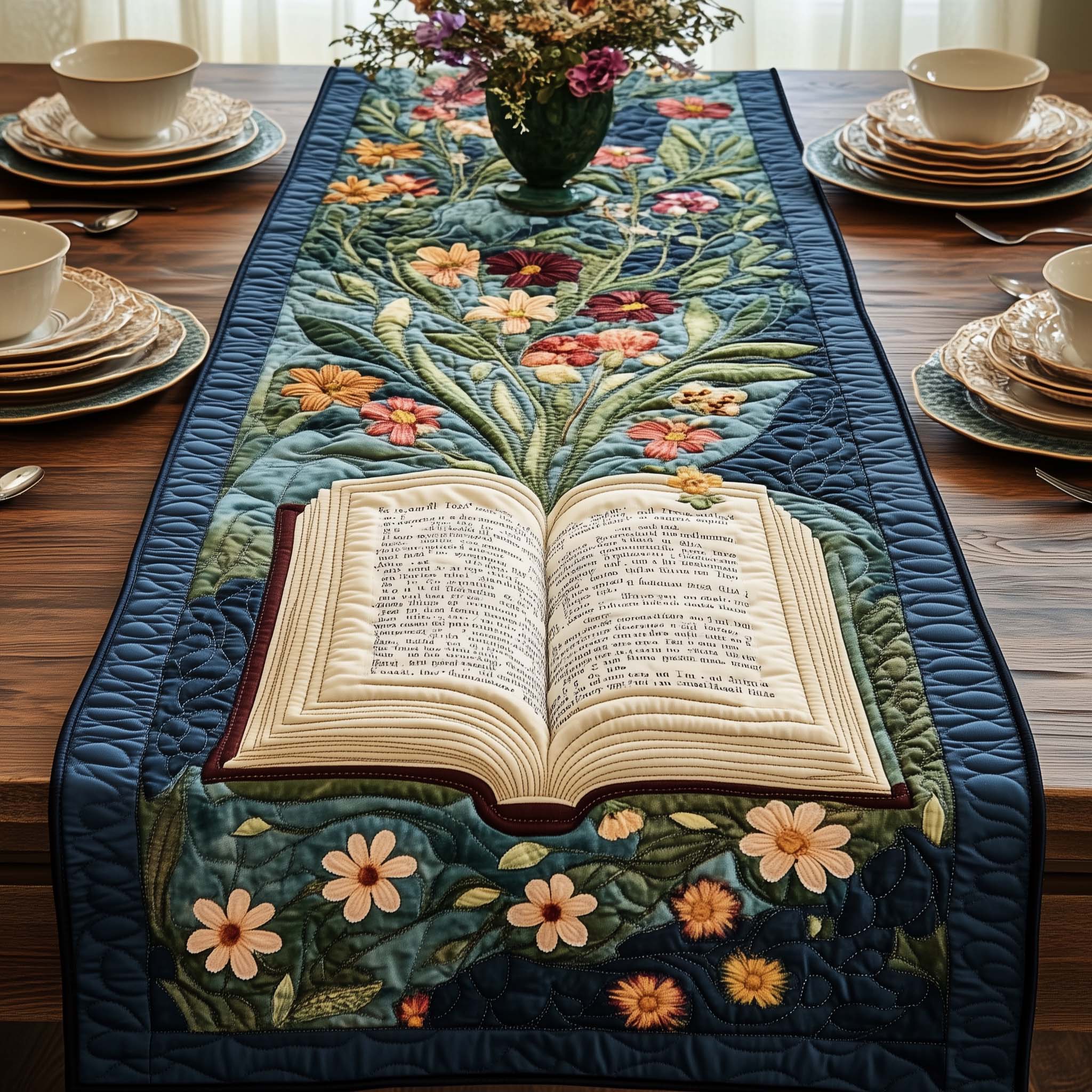 Blooming Pages Quilted Table Runner Flower Table Runner Book Presents For Him