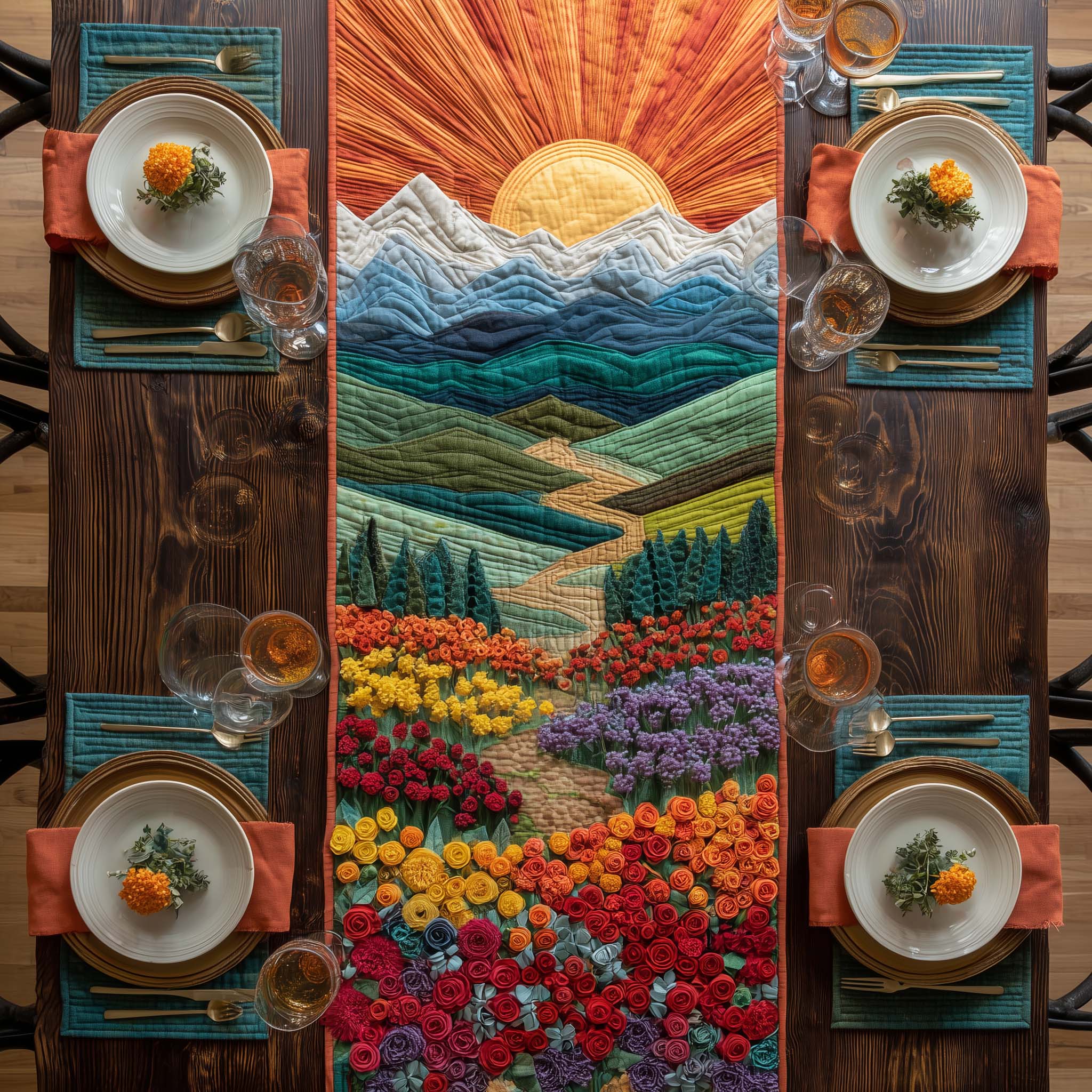 Blooming Path Quilted Table Runner Dining Room Table Decor Unique Mother's Day Gifts