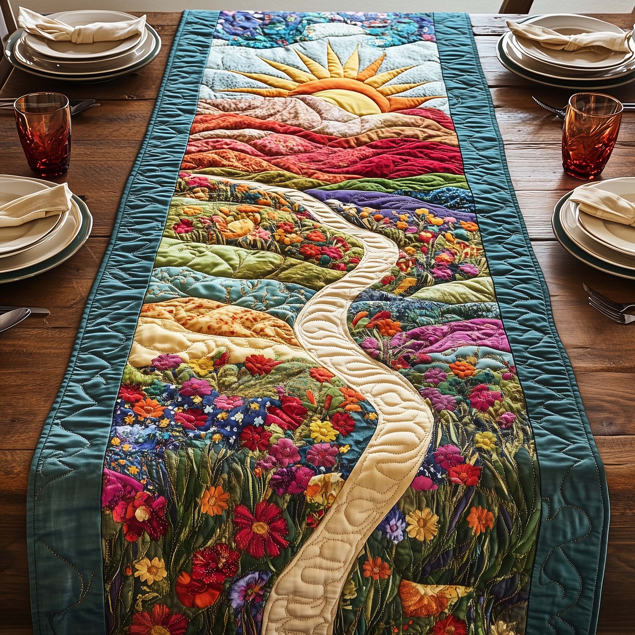 Blooming Path Quilted Table Runner Dining Table Centerpiece Mothers Day Presents