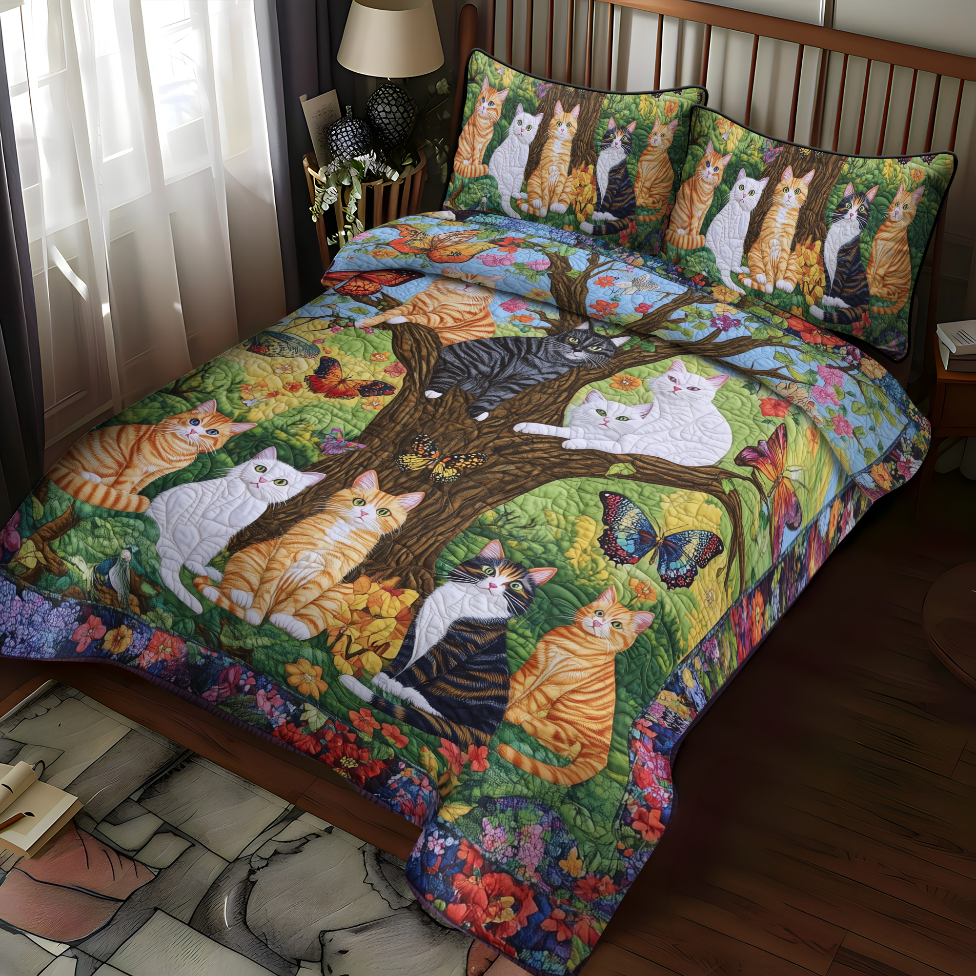Blooming Purrfection Quilted Bedding Set Bedroom Decor Ideas Things For Cat Lovers