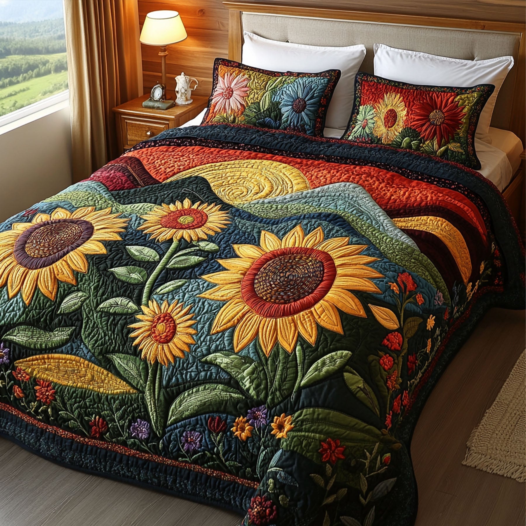 Blooming Sunscape Quilted Bedding Set Cozy Bedroom Decor Gifts For Sunflower Lovers