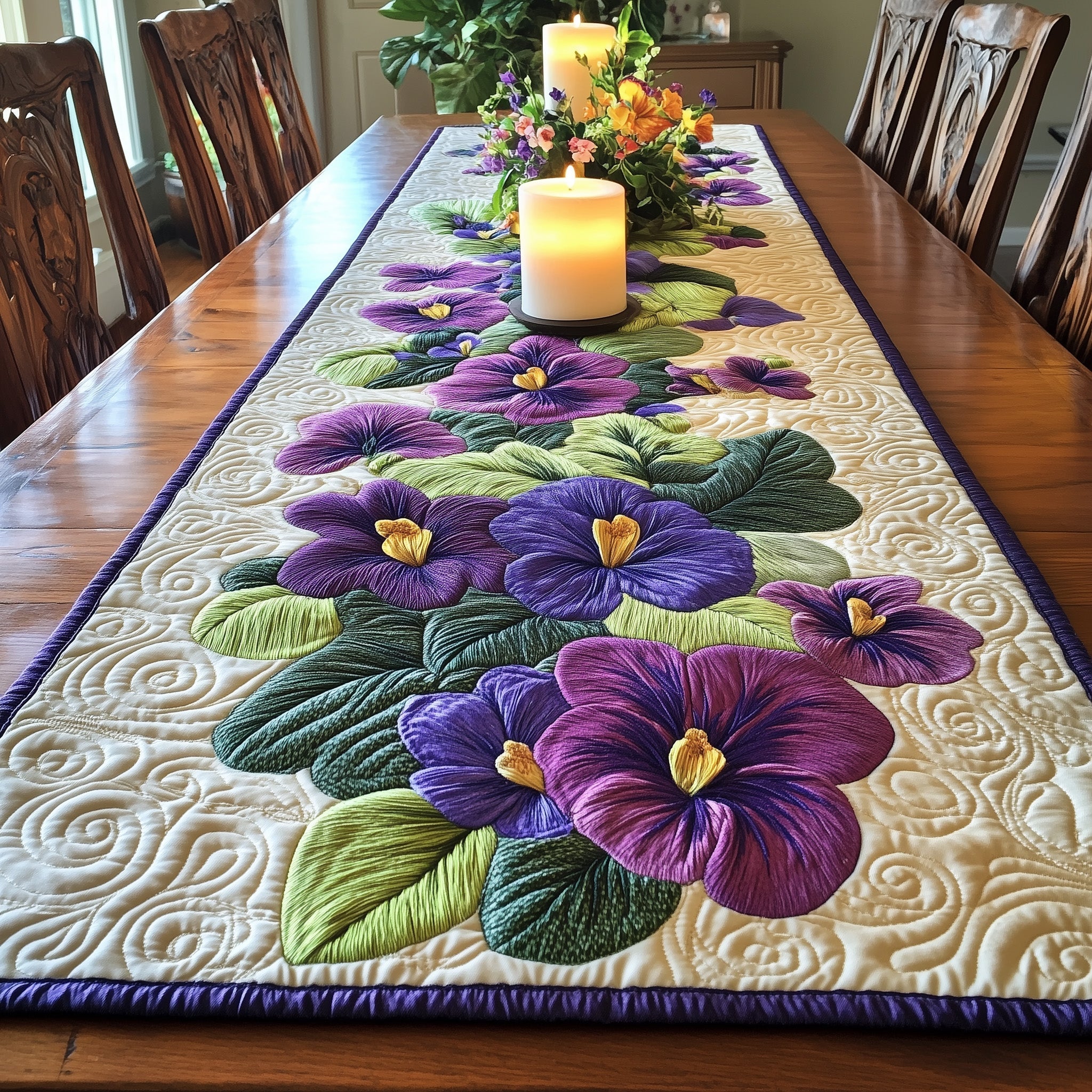 Blooming Violets Quilted Table Runner Boho Macrame Table Runner African American Gifts For Her