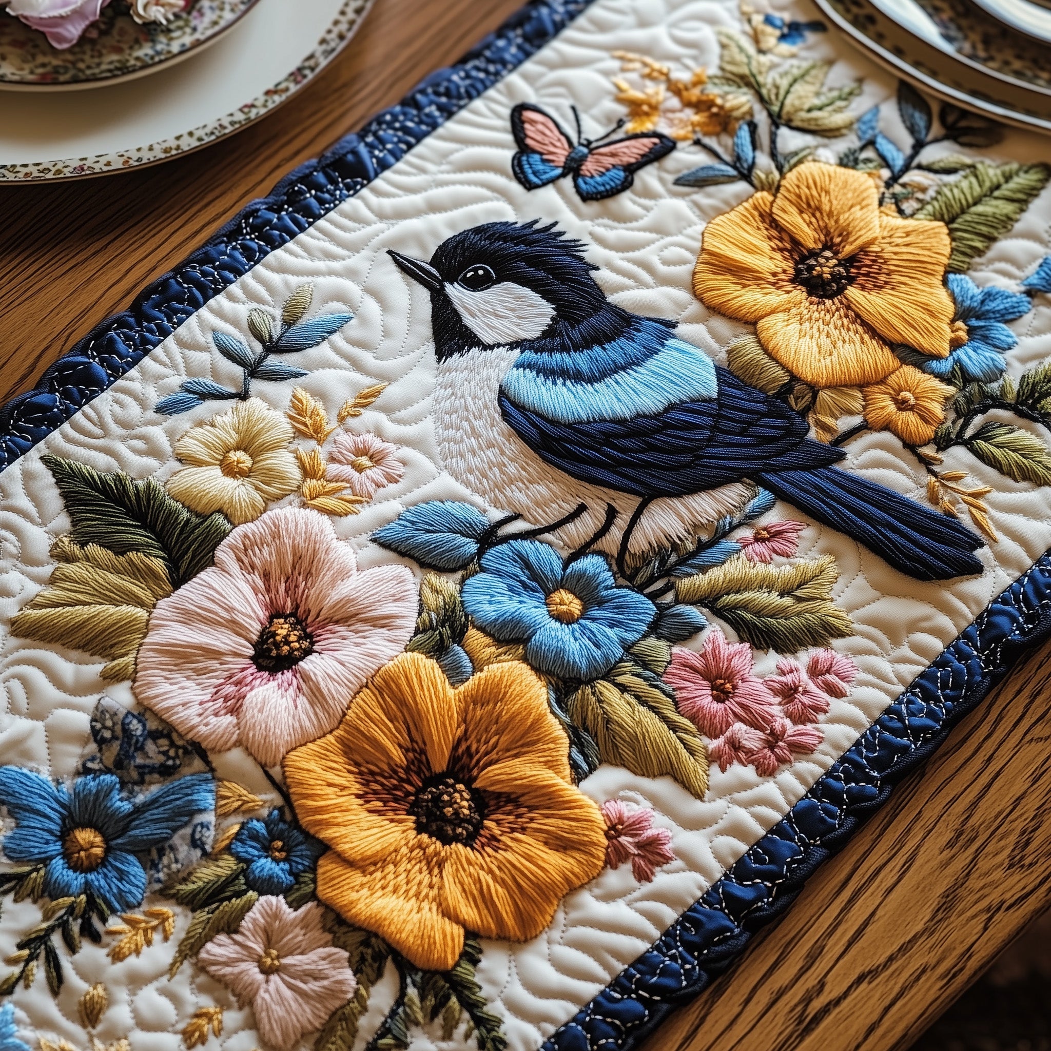 Blossom and Bluebird Quilted Table Runner Spring Floral Table Runner Mummy Daughter Gifts