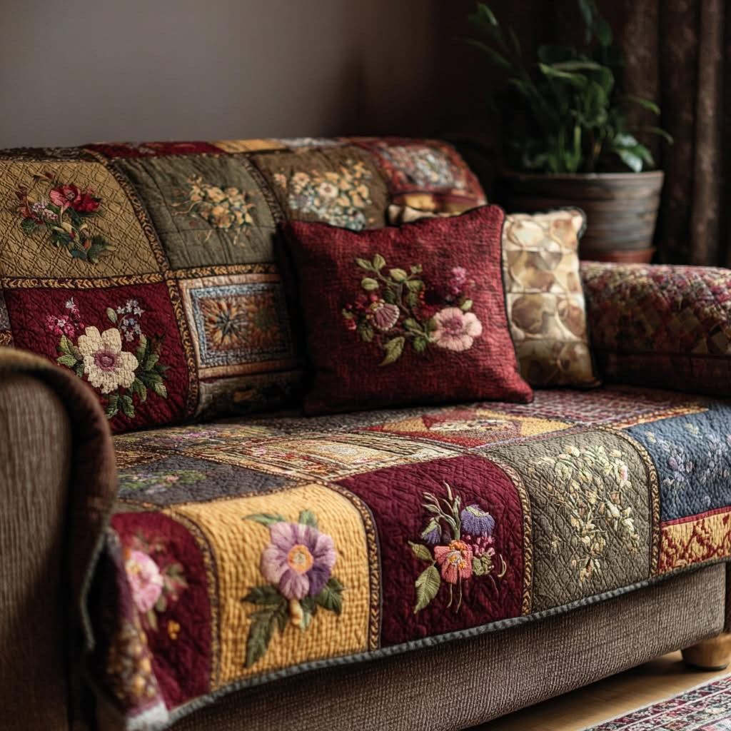 Blossom Cottage Warmth Quilted Sofa Cover Floral Couch Cover Housewarming Gifts
