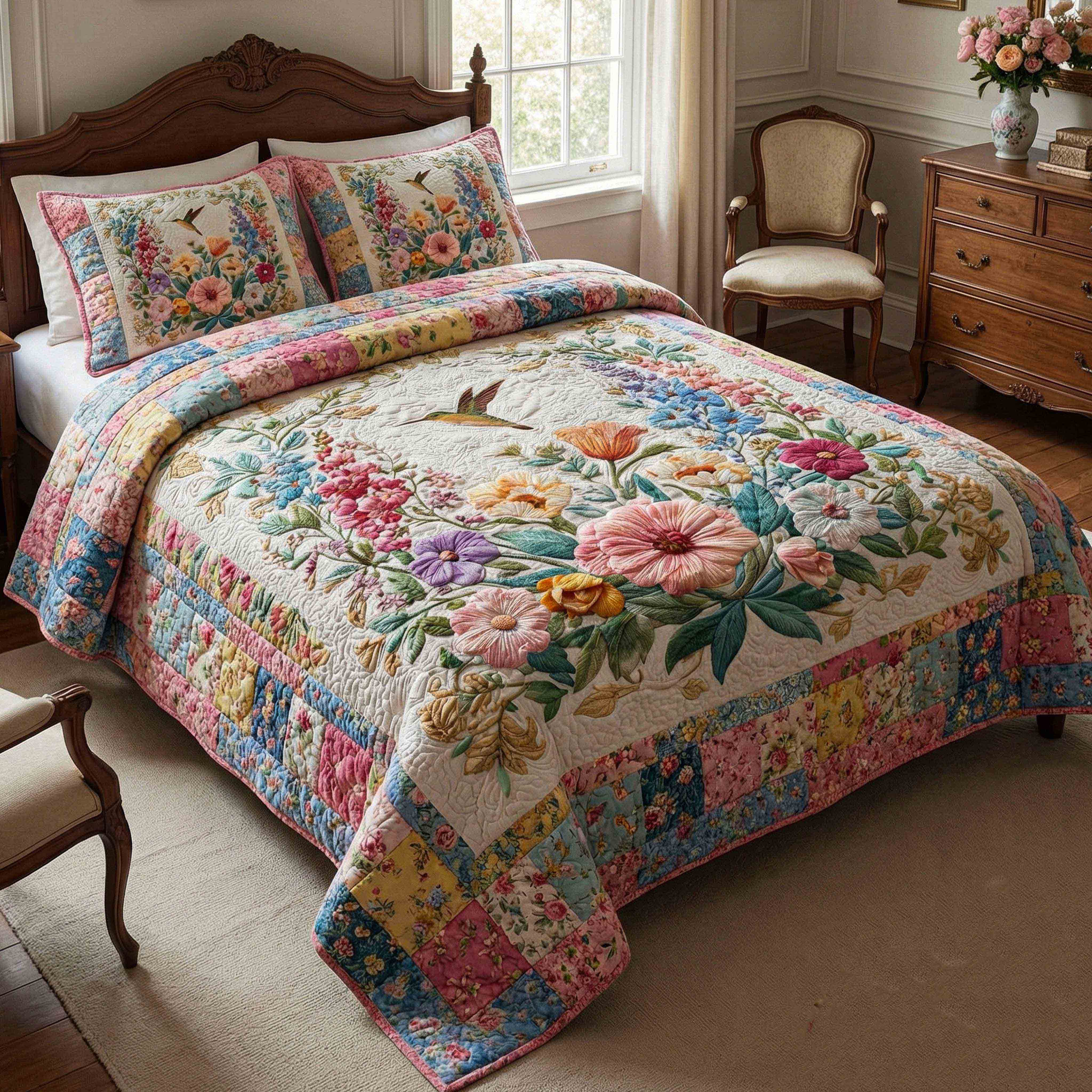 Blossom Fields Quilted Bedding Set Bedroom Decor Ideas Hummingbird Gifts For Her