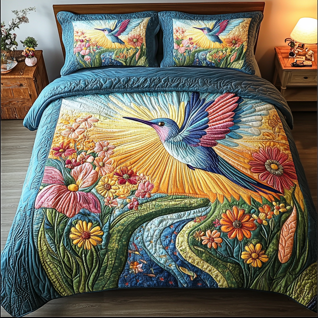 Blossom Flight Quilted Bedding Set Bed Room Decoration Unique Hummingbird Gifts
