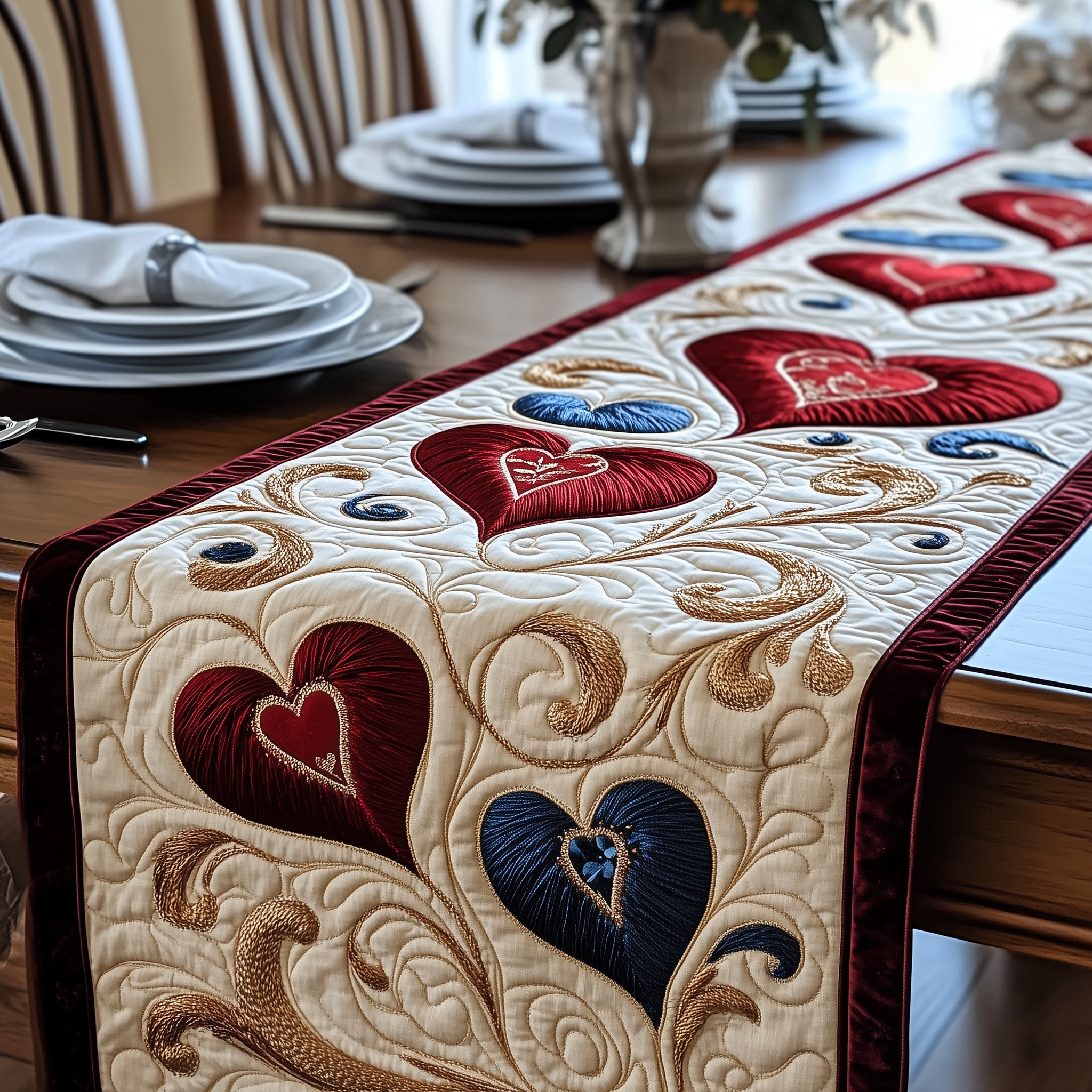 Blossoms of Love Quilted Table Runner Romantic Table Setting Best Valentine Day Gifts
