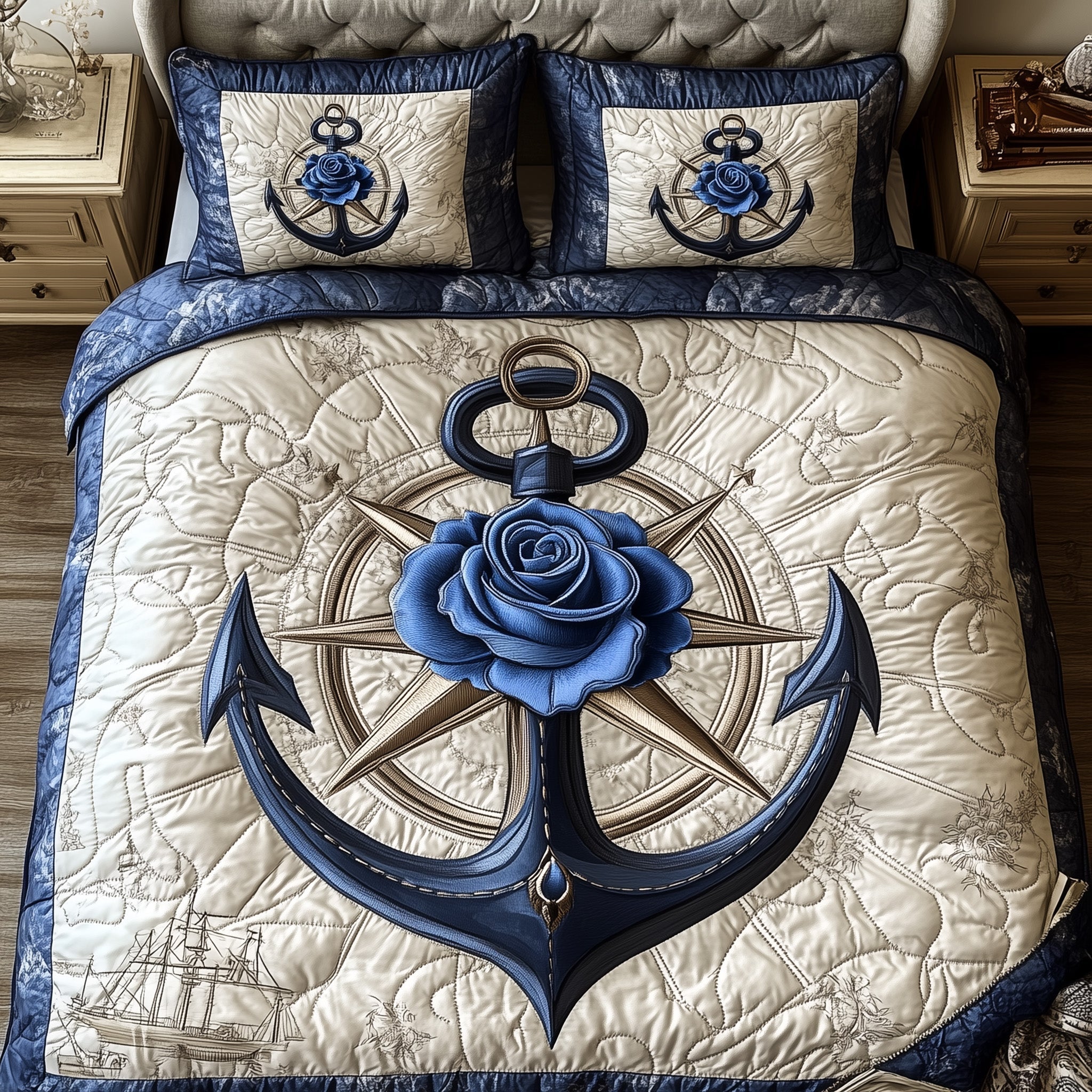 Blue Anchor Quilted Bedding Set Best Queen Sheets Marine Anchor Gifts