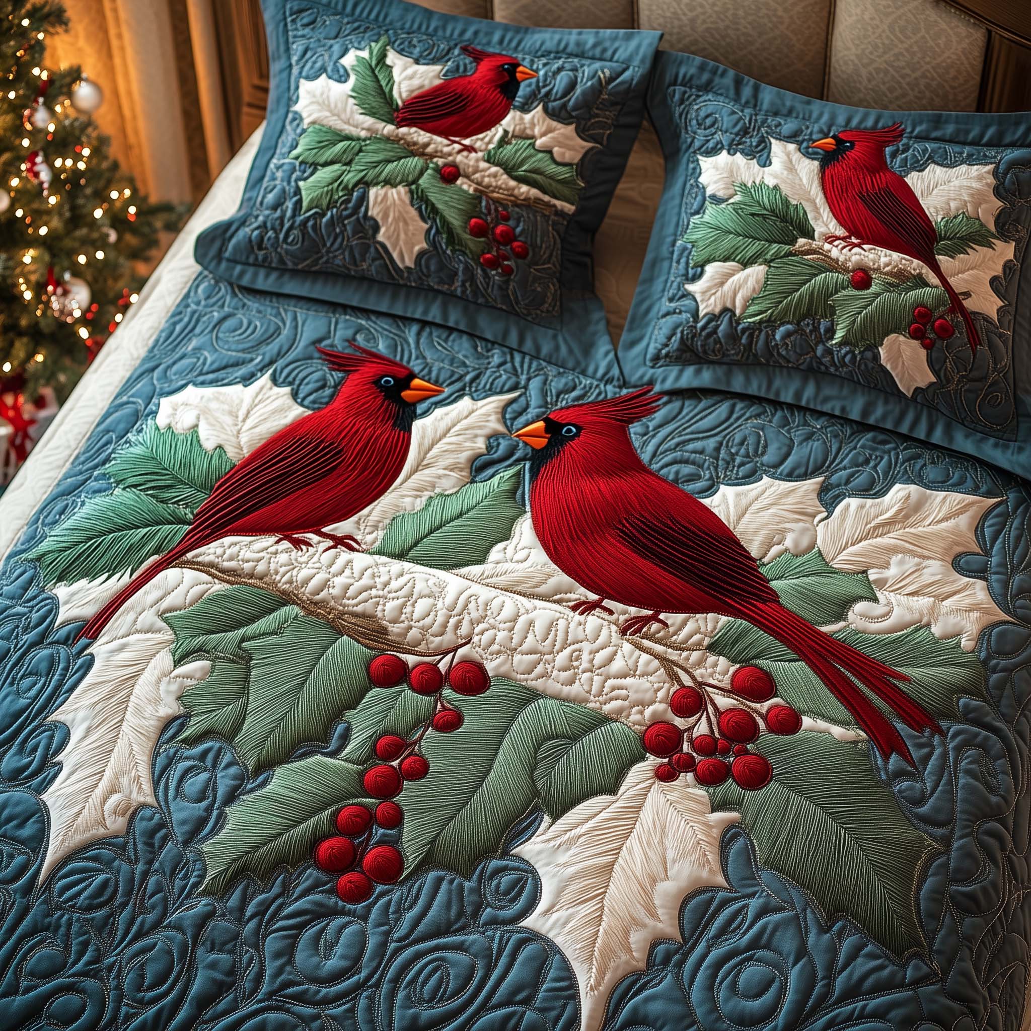 Blue Cardinals Quilted Bedding Set Xmas Duvet Covers Cardinal Gifts For Her
