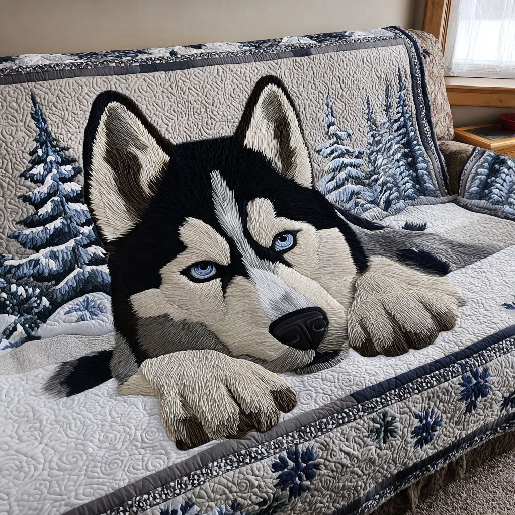 Blue-Eyed Guardian Quilted Sofa Cover Sofa Couch Cover Husky Dog Lover Gifts