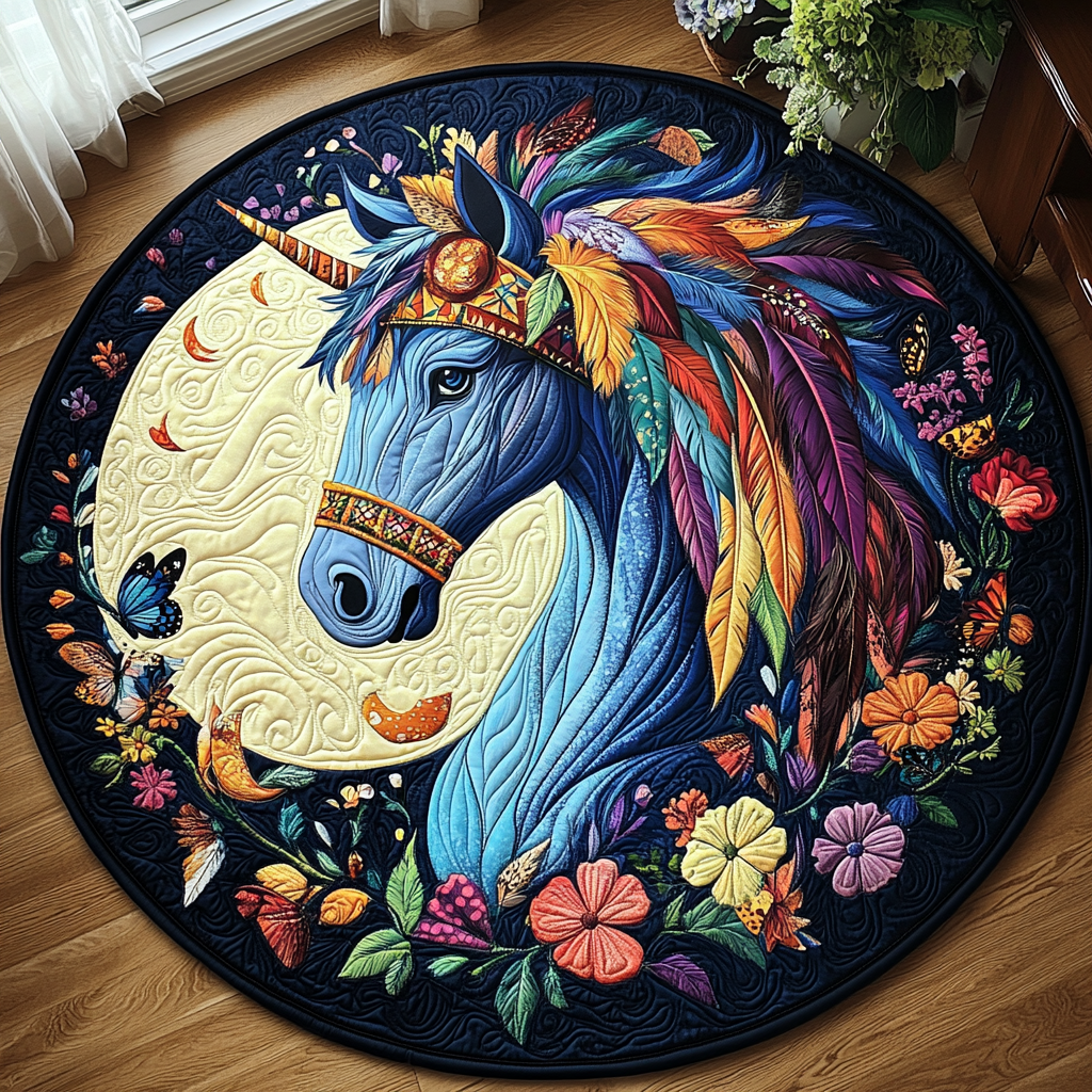 Blue Horse Themed Quilted Round Mat Round Mats For Sale Gifts For Horse Racing Fans