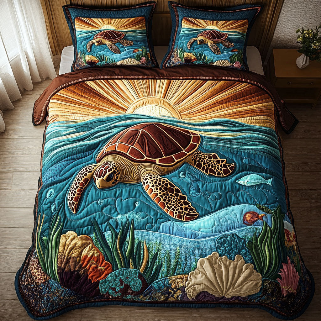 Blue Lagoon Turtle Quilted Bedding Set Cute Room Decor Gifts For A Turtle Lover