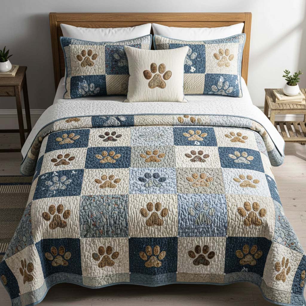 Blue Meadow Paws Quilted Bedding Set Bed Sheet Set Cat Lover Gifts