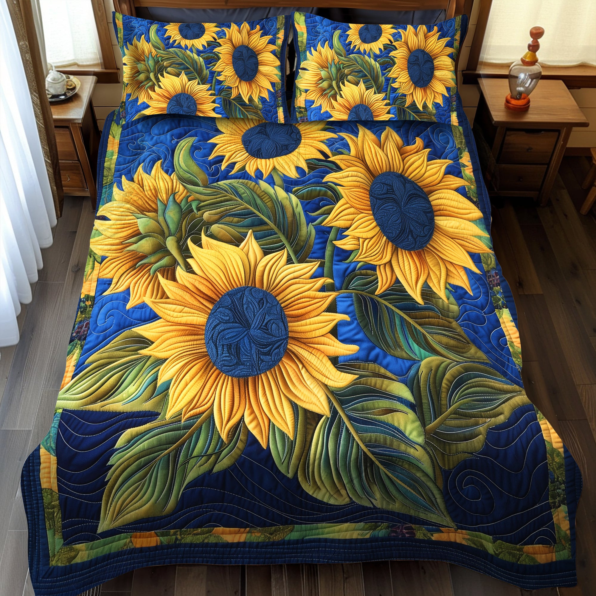 Blue Night Sunflower Quilted Bedding Set Unique Sheet Sets Sunflower Gifts For Women