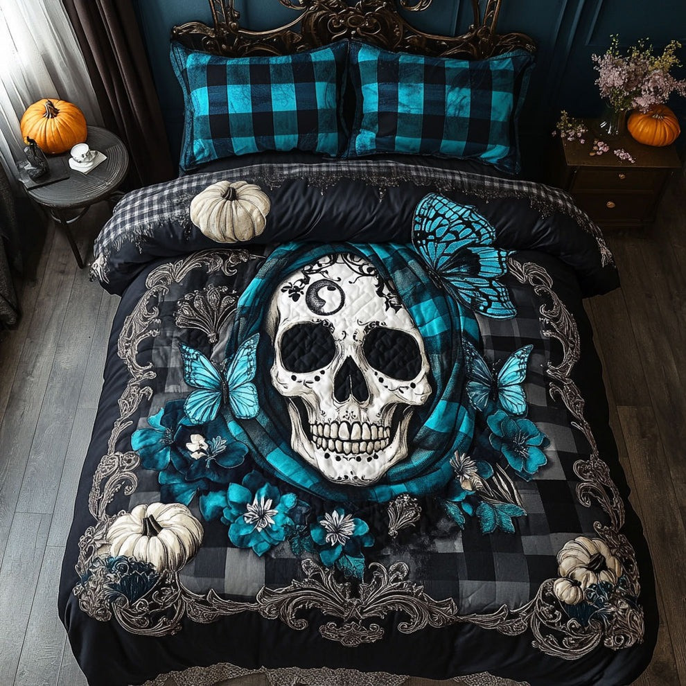 Blue Plaid Skull Quilted Bedding Set Gothic Bed Sheet Set Bedroom Decor Ideas