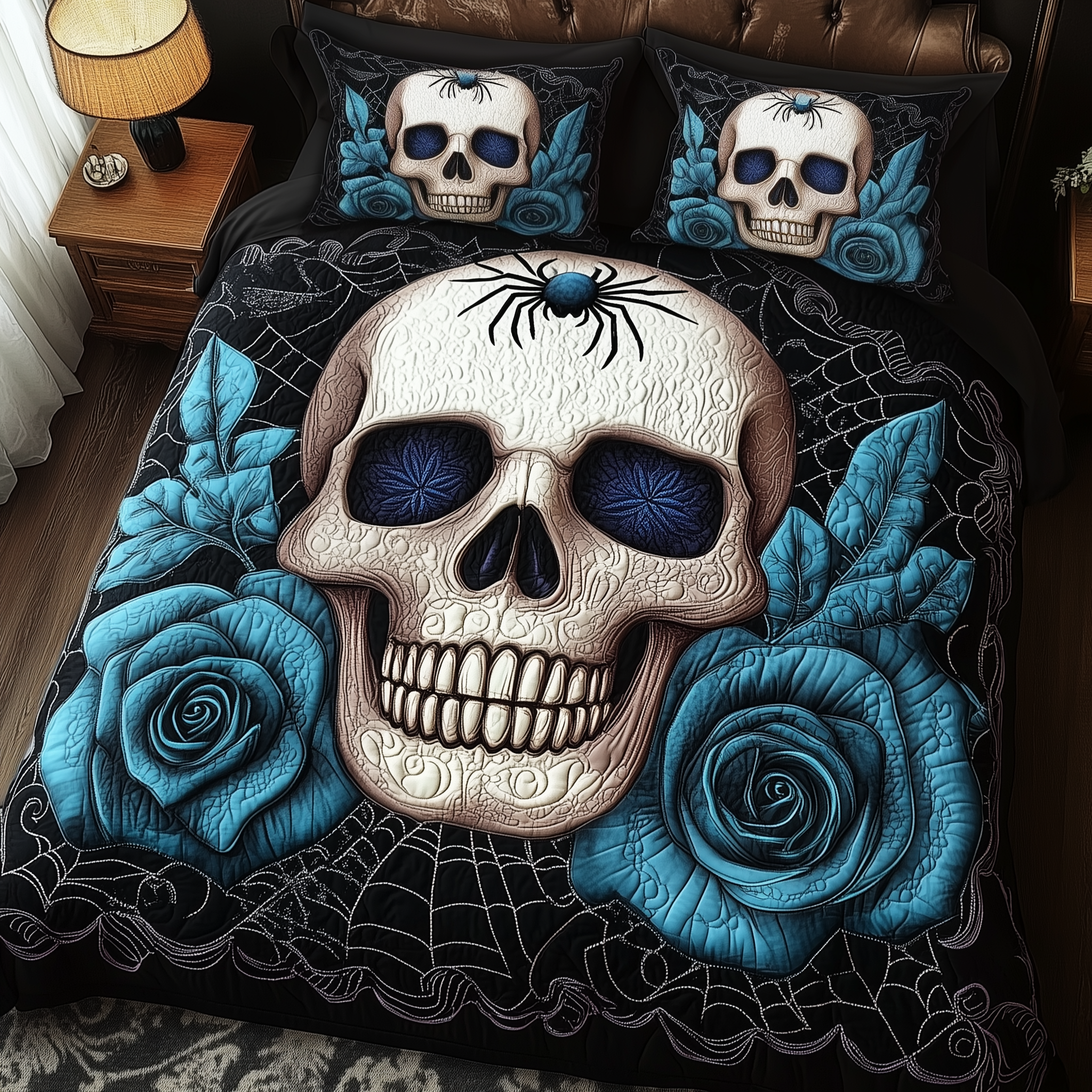 Blue Rose Skull Quilted Bedding Set Bed Decor Skull Gifts For Women