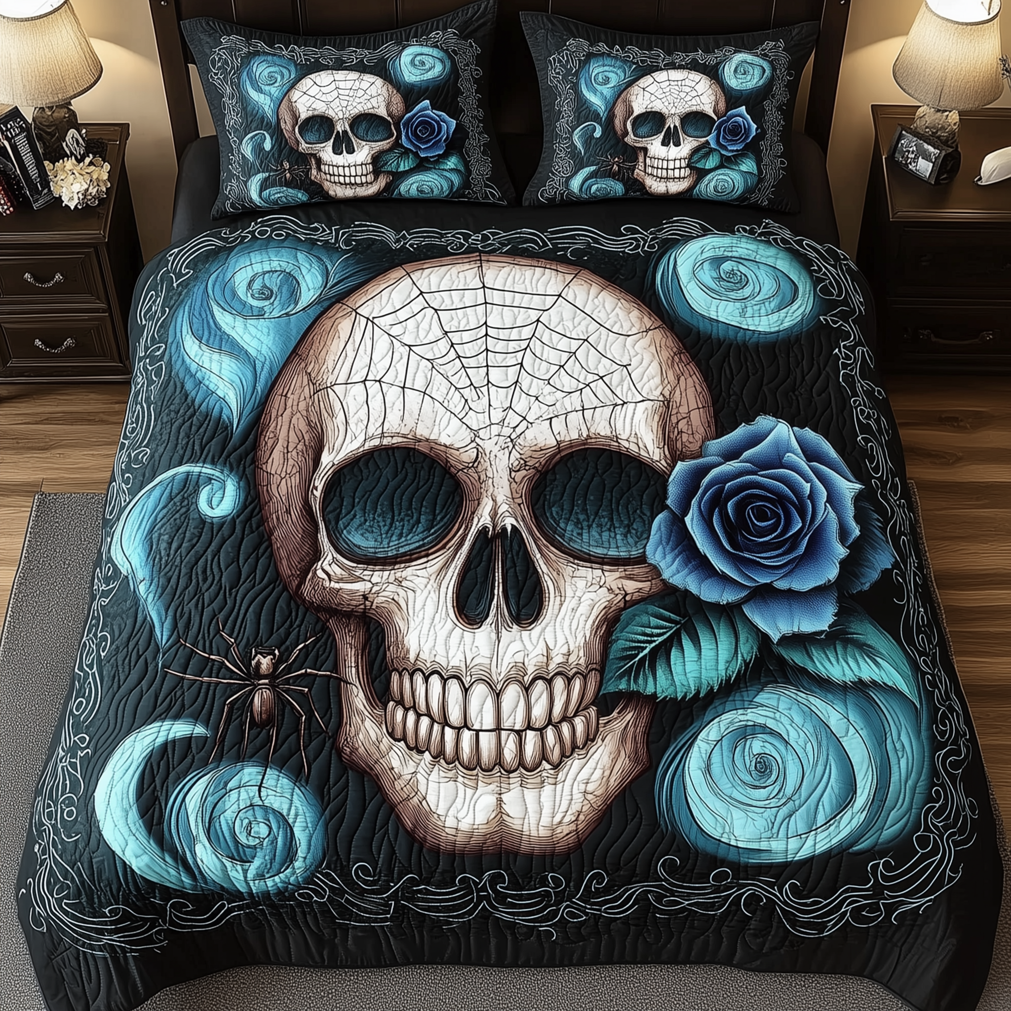Blue Rose Skull Quilted Bedding Set Bedroom Furniture Ideas Gifts For People Who Like Skulls