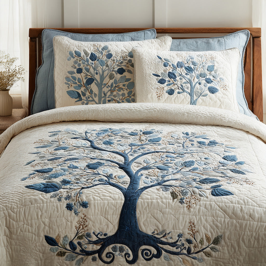 Blue Serenity Quilted Bedding Set Bed Decorations Tree Of Life Gifts For Dad