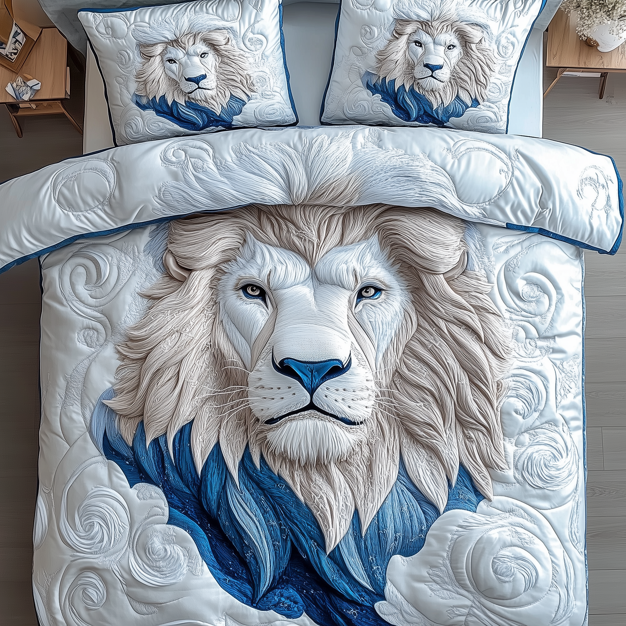 Blue Swirl Lion King Quilted Bedding Set Best Bedding Comforter Sets Best Gifts For Lion Lovers For Him