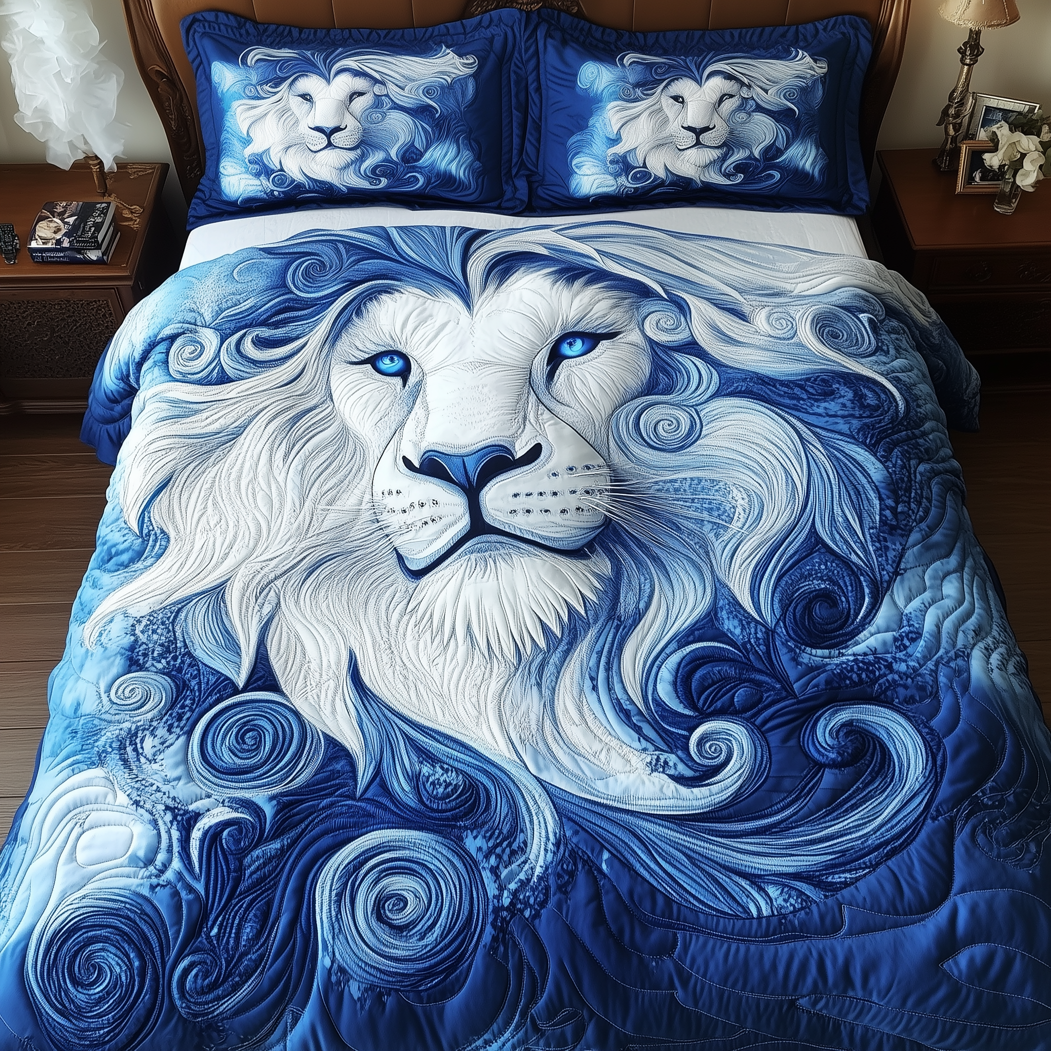 Blue Swirl Lion King Quilted Bedding Set Comforter Sets Queen Lion Christmas Gifts For Husband
