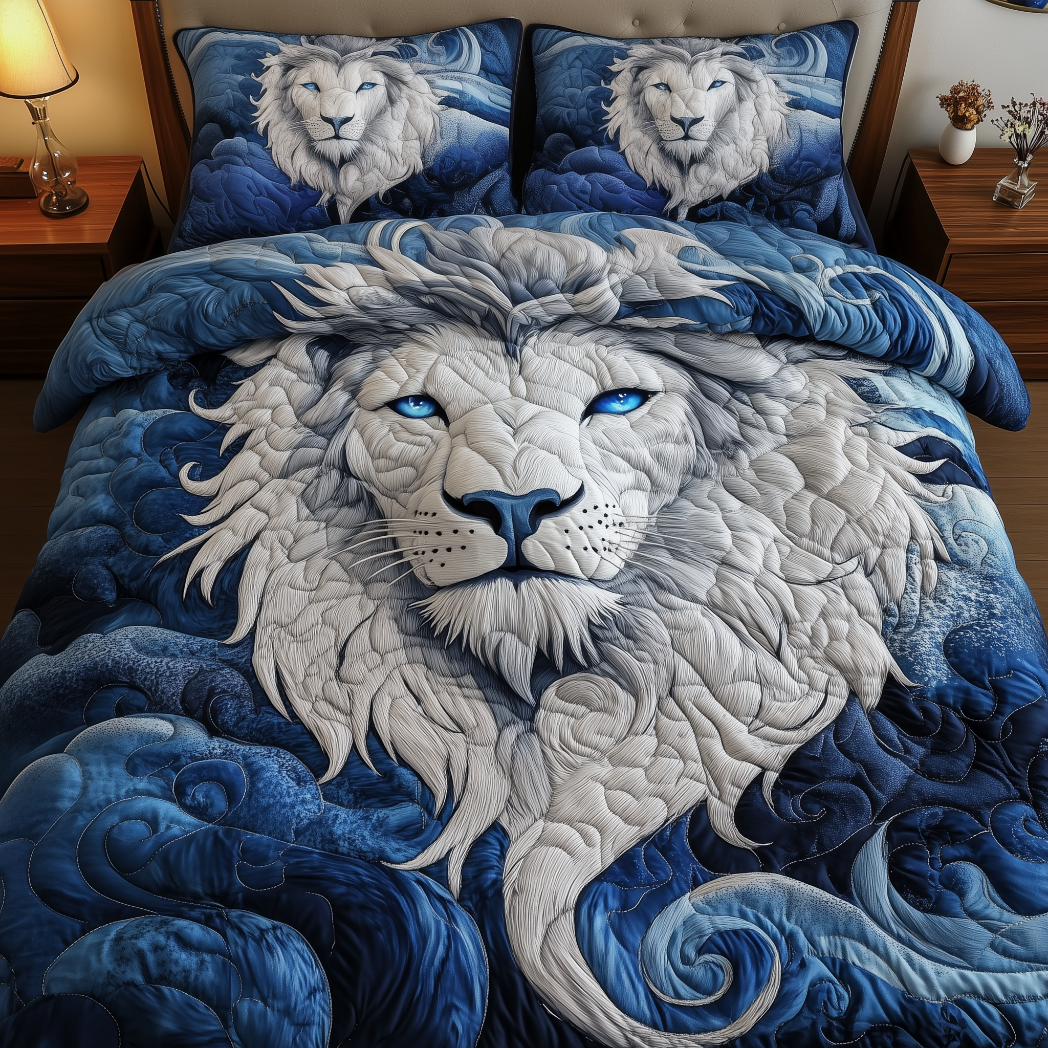 Blue Swirl Lion King Quilted Bedding Set King Comforter Sets Birthday Gifts For Lion Lovers