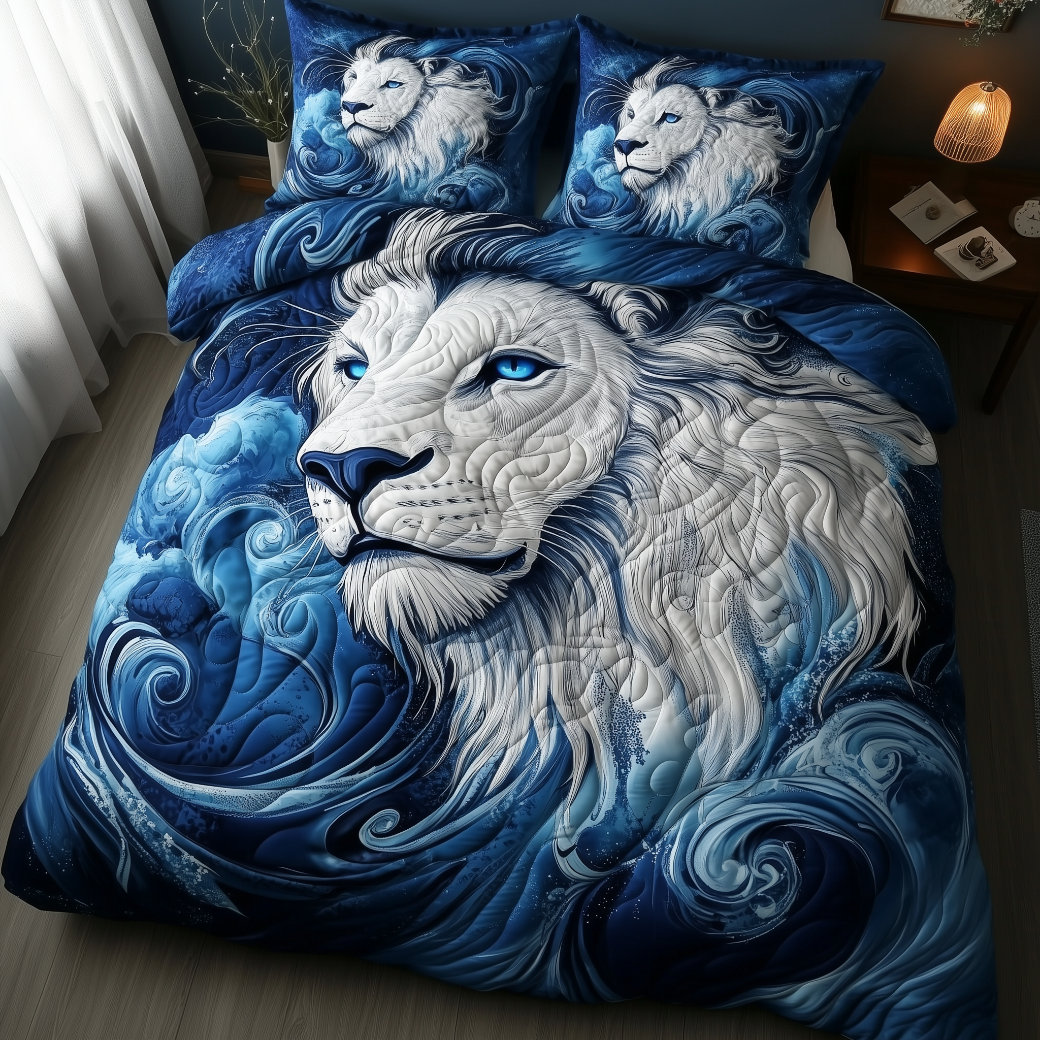Blue Swirl Lion King Quilted Bedding Set Queen Bed Set Lion Presents For Dad Father's Day
