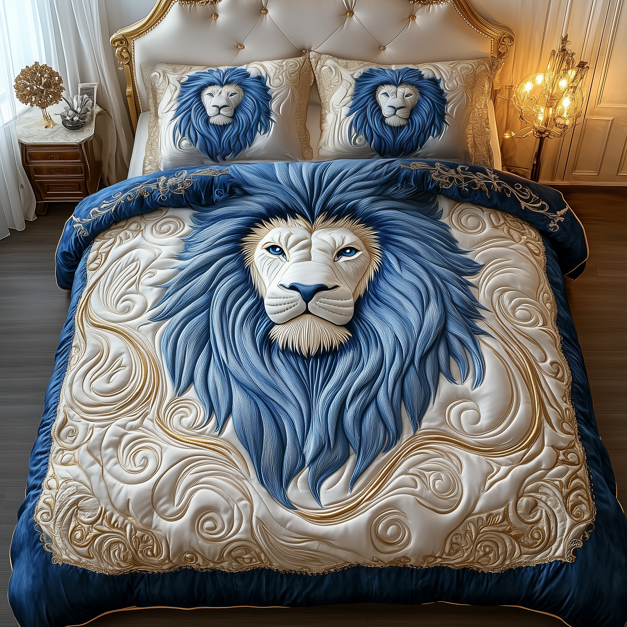 Blue Swirl Majestic Lion Quilted Bedding Set Bed Comforter Sets Great Lion Themed Gifts